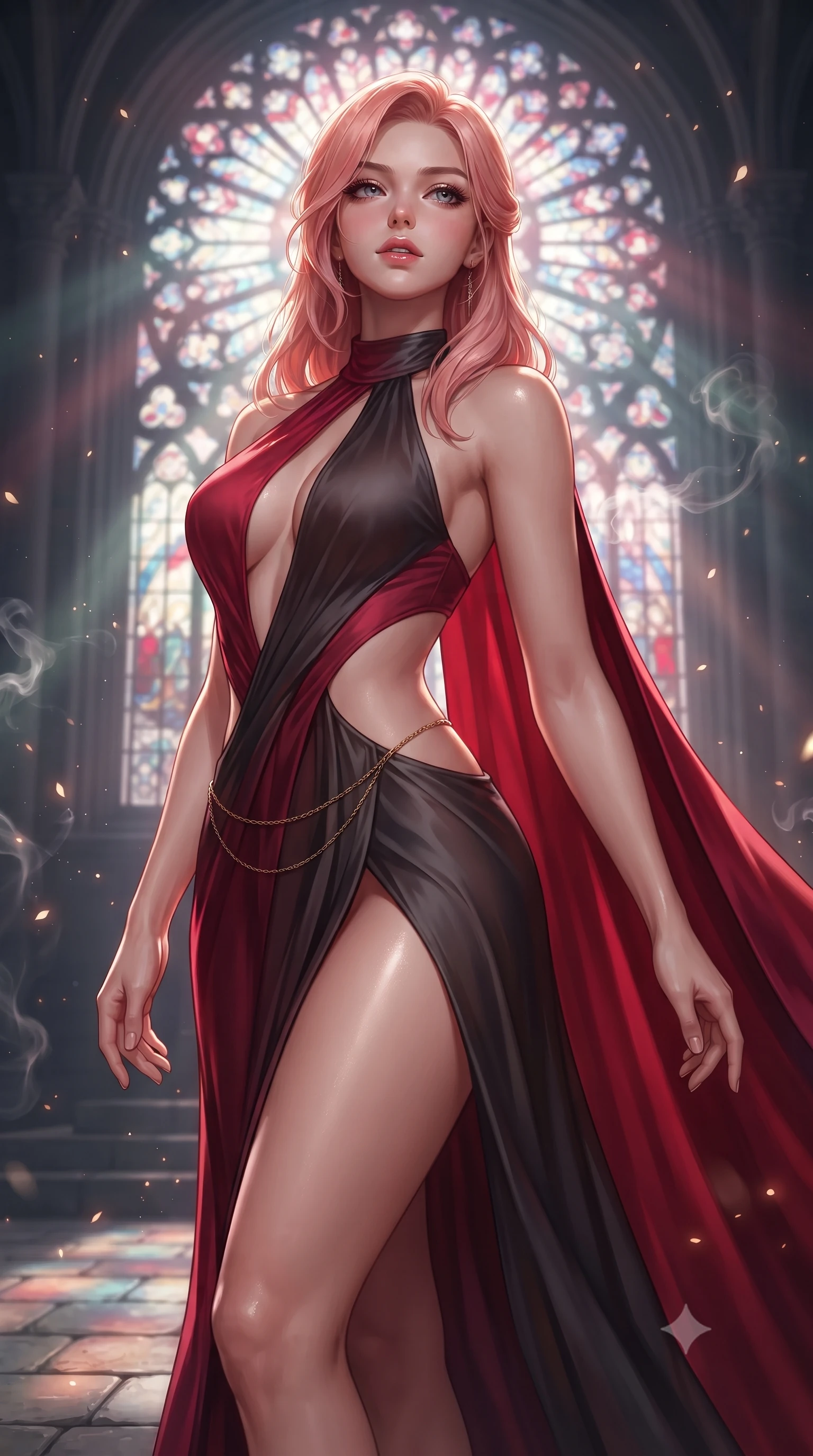 score_9, masterpiece, best quality, ultra-detailed, high-budget anime keyframe, editorial fashion photography, tasteful artistic composition, Japanese woman. close-up cowboy shot from the waist and thighs up, the character dominates the composition, filling the frame with her large presence. tilting her chin up with proud, sovereign allure while gazing through thick eyelashes with an irresistible, dangerous bedroom-gaze while arching her back in an alluring dance-like pause as moonlight pours through a colossal rose stained-glass window. The composition keeps background elements in soft focus with creamy bokeh. drifting incense smoke and lunar light rays scattering ethereal radiant motes across the stone flags. She has an exceptionally elegant, slender, and willowy female figure with an ultra-slim waist, a gracefully sculpted slender torso, toned flat midriff, and a refined slim silhouette. sharp v-shaped jawline, high-bridge nose, intricate jewel-like eyes with depth, thick eyelashes, glossy parted lips with a natural sheen, intensely captivating and seductive expression, flawlessly proportioned anatomical accuracy, strict slender model proportions, natural body alignment, perfectly sculpted long slender limbs, ultra-slim waistline, clean dynamic posture without body distortion. wearing a gothic siren halter-neck dress with dramatic diagonal torso cutouts and a trailing floor-length silk cape in rich ruby red and dark smoky charcoal, made of fluid silk crepe with delicate inner corsetry boning, complemented by a delicate gold waist chain framing her ultra-slim silhouette, the precision-cut daring openings accentuating her delicate midriff, graceful bare collarbones, and ultra-slim feminine waistline. surrounded by an immortal, transcendent, and breathtakingly majestic gothic siren aura. ultra-reflective glossy finish, specular highlights, rich textural contrasts, high-contrast stereoscopic depth, volumetric dynamic lighting, 2k, ultra detail, master piece, 9:16 ratio
