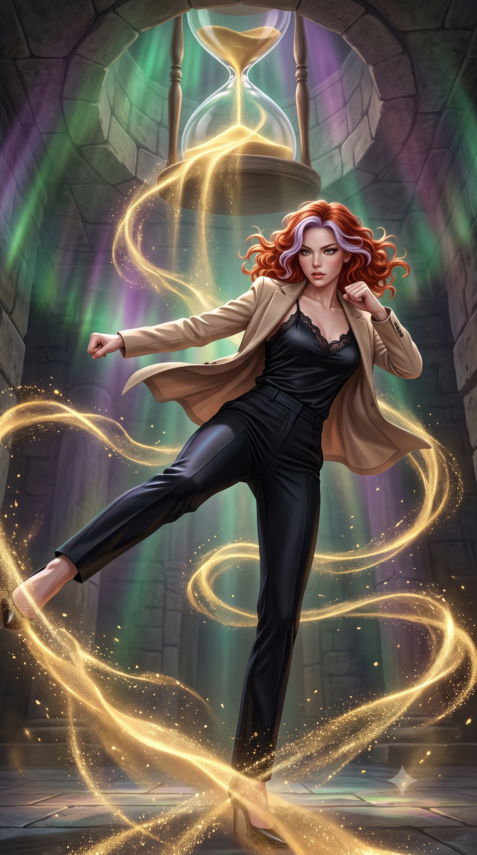 score_9, masterpiece, best quality, ultra-detailed, high-budget anime keyframe, editorial fashion photography, tasteful artistic composition, realistic cosplay photography, Caucasian woman, strictly human ears. low angle full-body shot from head to toe showing her feet, filling the entire 9:16 vertical frame with her statuesque presence, stretching her vertical silhouette. executing a lightning-fast low sweep kick with fluid momentum and intense focus inside a stone chamber with a massive hourglass in the ceiling, glowing gold sand pouring down and floating in ribbons. She has a statuesque 8.5-heads proportion, an exceptionally tall, slender and willowy model-like build with impossibly long legs and a highly sculpted ultra-slim waist. sharp v-shaped jawline, high-bridge nose, intricate jewel-like eyes with depth, thick eyelashes, glossy lips with a natural sheen. wearing the lightweight fabric rippling and billowing dramatically with her movement, a tailored black fine lace-trimmed satin camisole layered under a structured beige blazer, paired with tailored pencil pants. illuminated by a shifting aurora palette of green violet and gold from above. ultra-reflective glossy finish, specular highlights, metallic sheen, high-contrast stereoscopic depth, volumetric dynamic lighting, 2k, ultra detail, master piece, 9:16 ratio