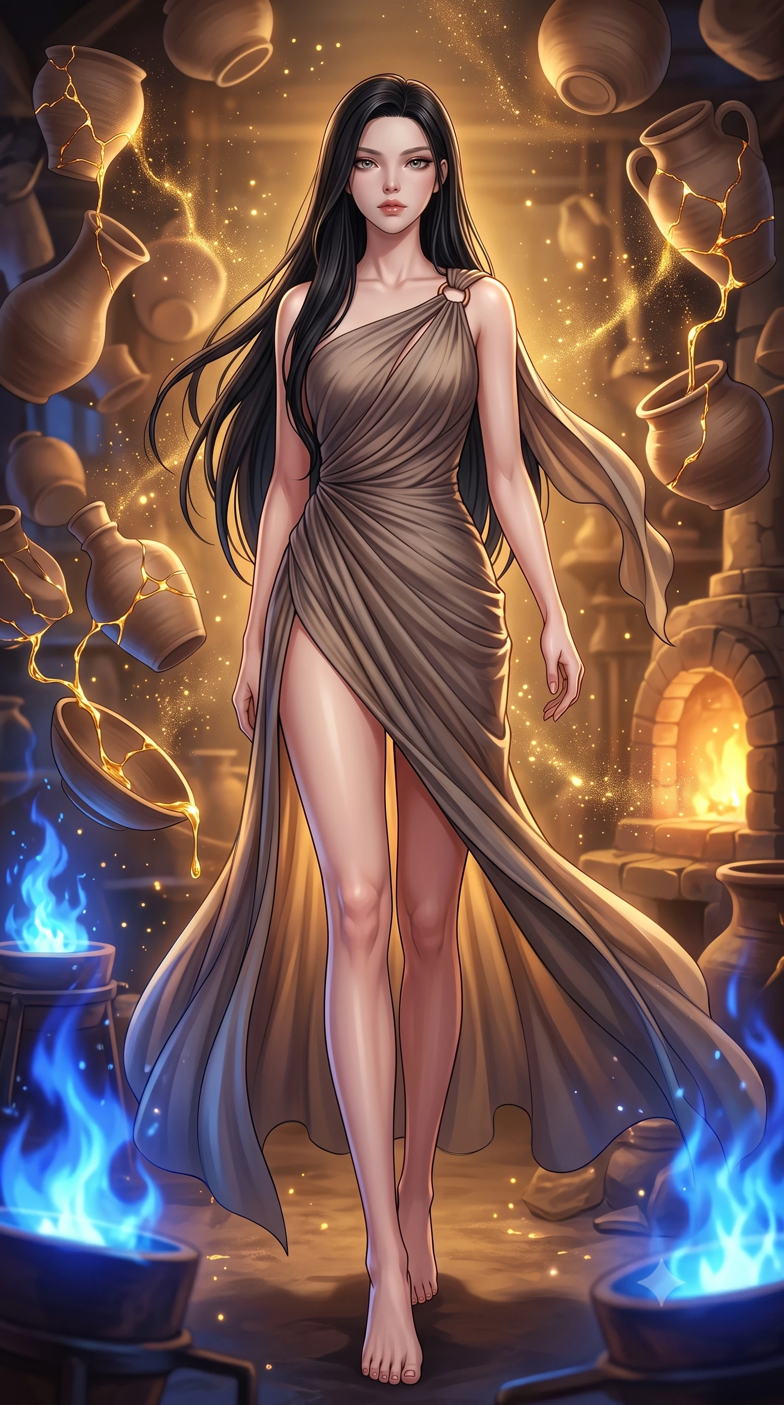 score_9, masterpiece, best quality, ultra-detailed, high-budget anime keyframe, editorial fashion photography, tasteful artistic composition, Korean woman. low angle full-body shot from head to toe showing her feet, filling the entire 9:16 vertical frame with her statuesque presence, stretching her vertical silhouette. navigating the luminous space with effortless poise, displaying her perfect model proportions navigating a workshop filled with floating clay pottery and glowing gold liquid seams, floating golden dust motes sparkling in the warm workshop air. She has an absolutely perfect, statuesque 8.5-heads proportion, an exceptionally tall and slender model-like female figure with impossibly long slender legs and an ultra-slim waist. sharp v-shaped jawline, high-bridge nose, intricate jewel-like eyes with depth, thick eyelashes, glossy lips with a natural sheen. wearing an elegant Grecian draped chiffon gown with an asymmetrical shoulder strap and ring detail, the glove-like fit emphasizing her statuesque silhouette. illuminated by a dramatic contrast of sapphire alchemy flames and warm golden glow. highly saturated vibrant anime colors, detailed shading with soft gradients, rich glossy textures, high-contrast stereoscopic depth, volumetric dynamic lighting, master piece, 9:16 ratio