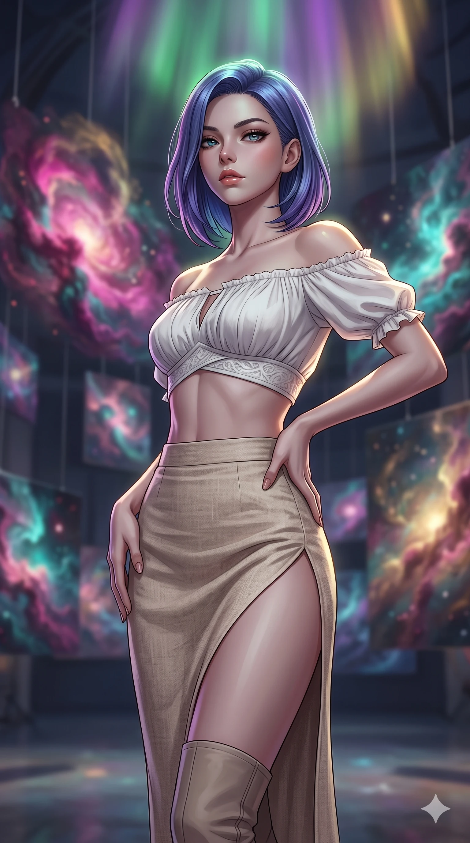score_9, masterpiece, best quality, ultra-detailed, high-budget anime keyframe, editorial fashion photography, tasteful artistic composition, Caucasian woman, strictly human ears. close-up cowboy shot from the waist and thighs up, the character dominates the composition, filling the frame with her large presence, background elements kept in soft focus. Gazing past the camera with an air of effortless superiority. set against a soft-focus background of a cosmic art studio where the artist paints with actual nebula gases swirling colors of magenta teal and gold in three-dimensional space each brushstroke remaining suspended as a luminous volumetric sculpture. She has an exceptionally elegant and slender, willowy female figure with an ultra-slim waist, a gracefully sculpted slender torso, and a refined slim physique. sharp v-shaped jawline, high-bridge nose, intricate jewel-like eyes with depth, thick eyelashes, glossy lips with a natural sheen. wearing a white off-shoulder crop top paired with a high-waisted beige linen skirt featuring a high side slit. illuminated by a shifting aurora palette of green violet and gold from above. 2k, ultra detail, master piece, 9:16 ratio