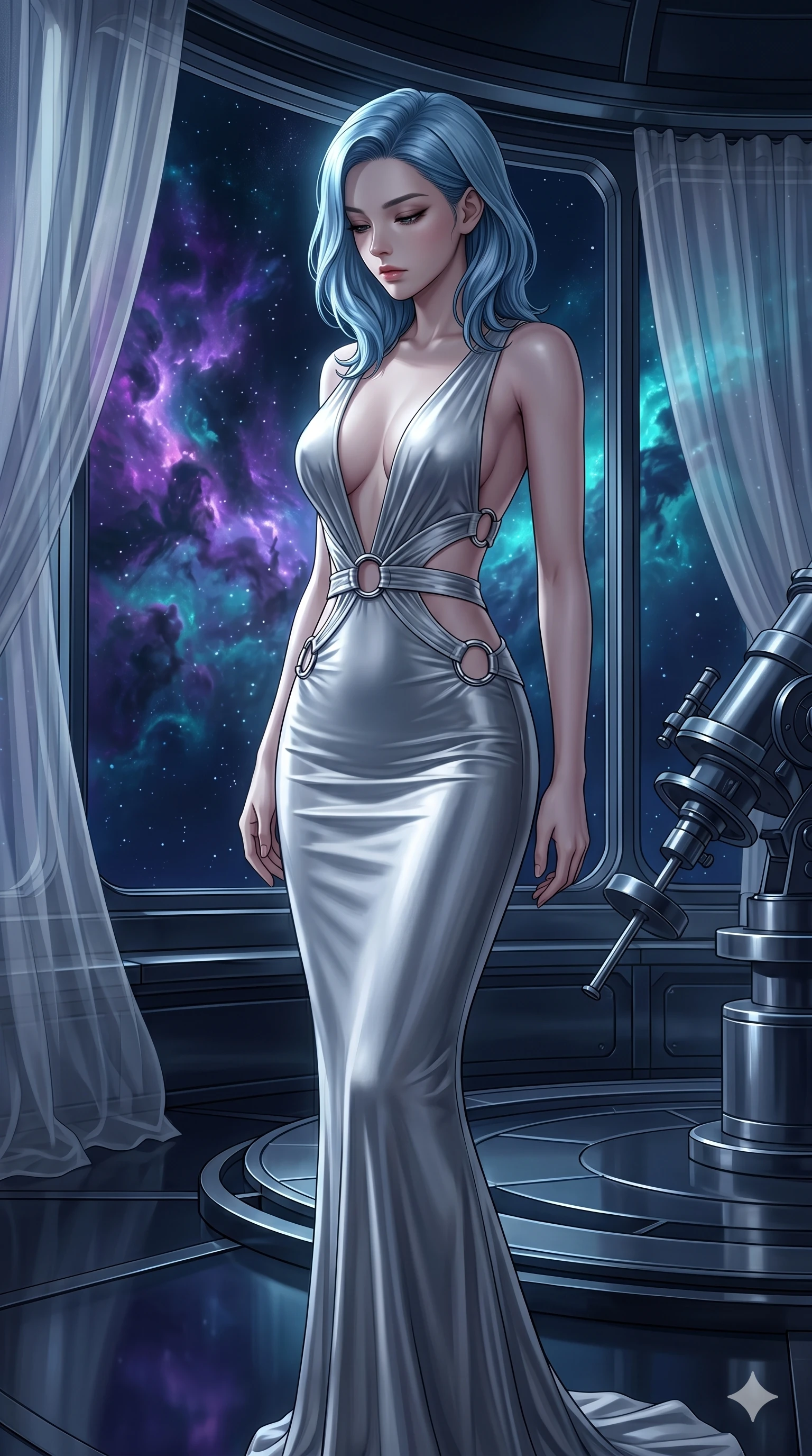 score_9, masterpiece, best quality, ultra-detailed, high-budget anime keyframe, editorial fashion photography, tasteful artistic composition, Korean woman. cowboy shot from the thighs up, character and outfit filling the frame for maximum editorial presence. Looking down with lowered lashes and a composed, powerful expression inside a deep-space observatory with nebula clouds of violet and teal drifting past panoramic windows. She has an absolutely perfect 8-heads proportion, an exceptionally tall and slender female figure with impossibly long slender legs and an ultra-slim waist. V-shaped jawline, high-bridge nose, intricate jewel-like eyes with depth, thick eyelashes, glossy lips with a natural sheen. wearing a deep plunging-V neck maxi dress in liquid silver jersey with a bold open-back, an architectural waist cutout framed by chrome ring hardware, and a body-contouring fit all the way to the floor. bathed in cold silver moonlight filtered through translucent gossamer curtains casting soft shadows on her curves. 2k, ultra detail, master piece, 9:16 ratio