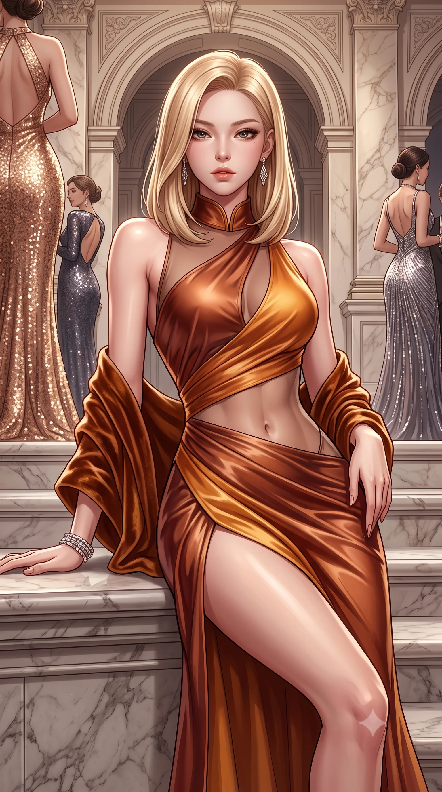 score_9, masterpiece, best quality, ultra-detailed, high-budget anime keyframe, semi-realistic 3D game render, editorial fashion photography, tasteful artistic composition, Korean woman. close-up cowboy shot from the waist and thighs up, the character dominates the composition, filling the frame with her large presence. leaning back with relaxed seductive grace, her sculpted collarbones and narrow waist highlighted as she casts smoldering bedroom-eyes directly into the camera while reclining on the broad marble stair landing propped on one elbow, her long slender legs and sculpted waist commanding the opulent Belle Époque space. The surrounding environment is rendered in vivid detail and crisp panoramic clarity. detailed sequin gown shimmer, diamond jewelry sparkle, and classical archway moldings in high clarity. She has an exceptionally elegant, slender, and willowy female figure with an ultra-slim waist, flat toned midriff, narrow ribcage, and sculpted feminine hips creating an alluring, slim hourglass silhouette without bulk. sharp v-shaped jawline, high-bridge nose, intricate jewel-like eyes with depth, thick eyelashes, glossy parted lips with a natural sheen, intensely captivating and seductive bedroom-eyes expression, flawlessly proportioned anatomical accuracy, strict slender model proportions, natural body alignment, perfectly sculpted long slender limbs, ultra-slim waistline, clean dynamic posture without body distortion. wearing a wet-look silk fusion wrap dress with asymmetrical sheer mesh cutouts and high Mandarin collar in rich copper bronze and warm amber, tailored from liquid silk jersey adhering flawlessly to her slender build, complemented by a plush velvet shawl draped loosely over her elbows, the dramatically scooped open back descending to the base of her spine, accentuating her razor-sharp statuesque lines and slim hourglass silhouette. illuminated by crisp directional spotlights sharply defining her sculpted collarbones, ultra-slim waist, and curvy hips. highly saturated vibrant anime colors, detailed shading with soft gradients, rich glossy textures, high-contrast stereoscopic depth, volumetric dynamic lighting, master piece, 9:16 ratio
