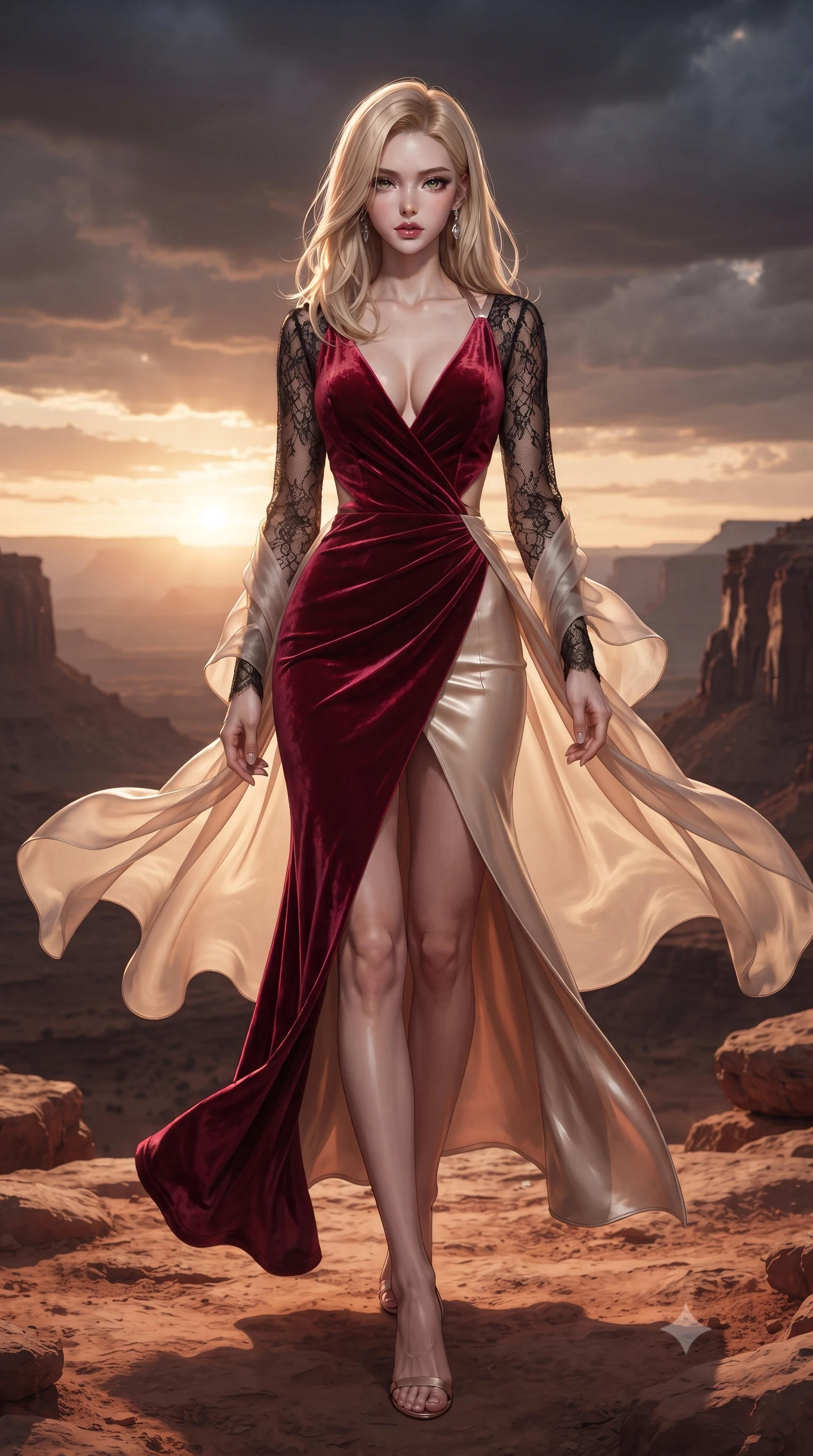 score_9, masterpiece, best quality, ultra-detailed, high-budget anime keyframe, editorial fashion photography, tasteful artistic composition, Korean woman. low angle full-body shot from head to toe showing her feet, filling the entire 9:16 vertical frame with her statuesque presence, stretching her vertical silhouette. striding forward in a proud supermodel runway stride, hips swaying in an alluring kinetic rhythm that accentuates her curvy hourglass silhouette while standing poised on the canyon overlook rock ledge, the desert sunset wind fluttering her sheer wrap to reveal her long legs and narrow waist. The surrounding environment is rendered in vivid detail and crisp panoramic clarity. rich high-contrast desert vortex chiaroscuro and ultra-luxury Southwestern sanctuary aesthetics in precision. She has an exceptionally tall and slender model-like 8.5-heads proportion, an ultra-slim waist, a flat toned midriff, narrow delicate ribcage, and beautifully sculpted feminine hips creating a graceful, slim hourglass silhouette without any bulky heaviness, with impossibly long slender legs. sharp v-shaped jawline, high-bridge nose, intricate jewel-like eyes with depth, thick eyelashes, glossy parted lips with a natural sheen, intensely captivating and seductive bedroom-eyes expression, flawlessly proportioned anatomical accuracy, strict slender model proportions, natural body alignment, perfectly sculpted long slender limbs, ultra-slim waistline, clean dynamic posture without body distortion. wearing a plunging-V neckline crushed crimson velvet opera gown with delicate black lace sleeves and bare back in vintage champagne ivory and delicate rose gold, formed from supple second-skin lambskin leather with specular sheen, finished with criss-cross back satin straps highlighting her graceful shoulder blades, the form-contouring material adhering flawlessly to her sculpted flat midriff and slender torso, emphasizing her long leg lines and perfectly proportioned willowy build. surrounded by an earthy, sacred, and deeply sensual desert goddess aura. ultra-reflective glossy finish, specular highlights, rich textural contrasts, high-contrast stereoscopic depth, volumetric dynamic lighting, 2k, ultra detail, master piece, 9:16 ratio