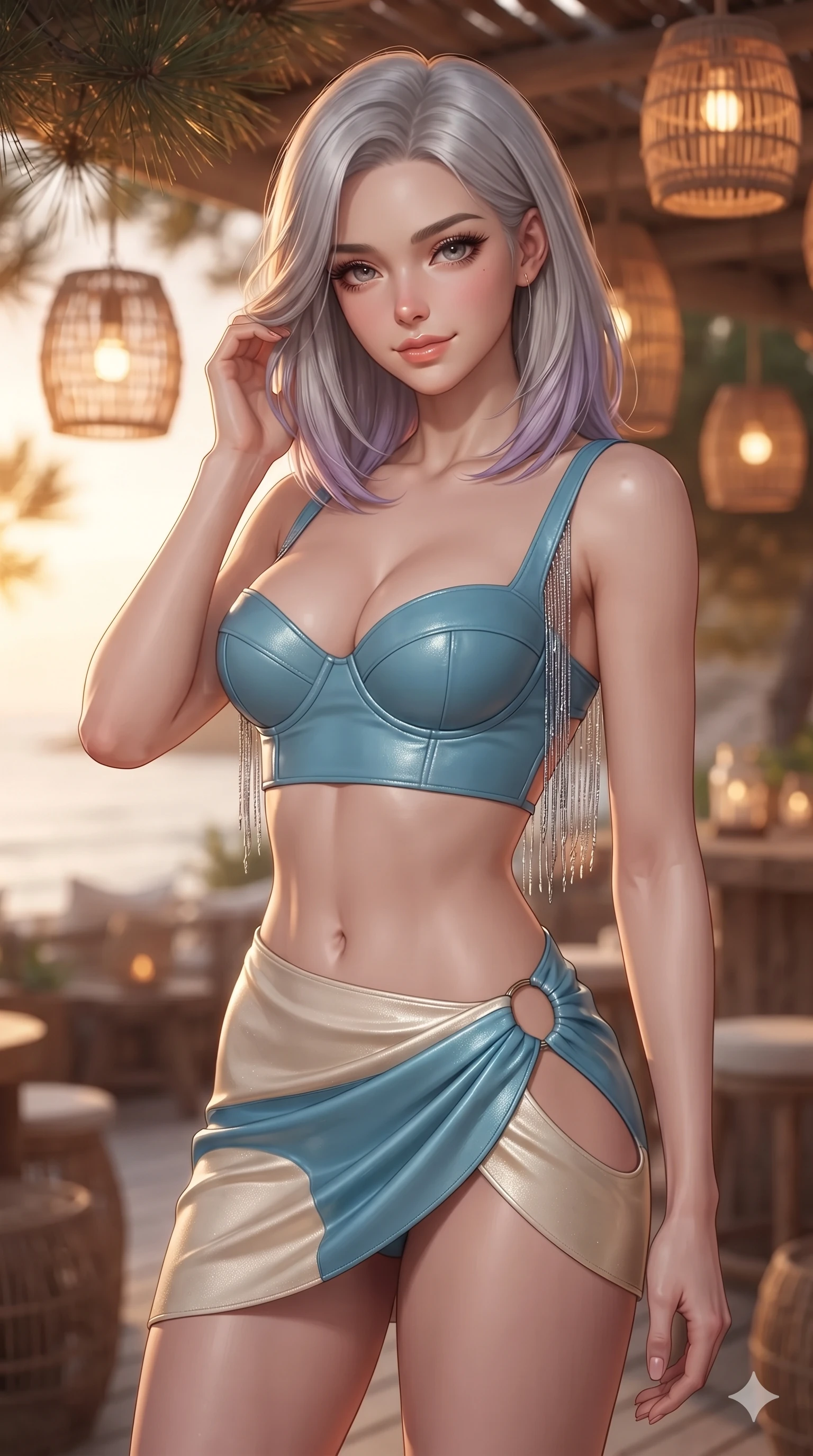 score_9, masterpiece, best quality, ultra-detailed, high-budget anime keyframe, editorial fashion photography, tasteful artistic composition, Caucasian woman. close-up cowboy shot from the waist and thighs up, the character dominates the composition, filling the frame with her large presence. gently brushing a lock of salt-kissed hair behind her ear while casting a playful, flirtatious side-gaze with long eyelashes while twisting her slender torso in an alluring S-curve beside hanging rattan lanterns, warm woven light and sunset rays tracing her flat midriff and curvy hips. The background shows a soft-focus coastal pine sunset terrace softened in rustic luxury beach bar shallow focus. She has an exceptionally elegant, slender, and willowy female figure with an ultra-slim waist, flat toned midriff, narrow ribcage, and sculpted feminine hips creating an alluring, slim hourglass silhouette without bulk. sharp v-shaped jawline, high-bridge nose, sparkling eyes with hypnotic seductive depth, thick curled eyelashes, glossy parted lips with a natural dewy peach sheen, alluring bedroom-eyes with an enchanting coquettish smile, exuding magnetic siren charisma and sophisticated glamour, flawlessly proportioned anatomical accuracy, strict slender model proportions, natural body alignment, perfectly sculpted long slender limbs, ultra-slim waistline, clean dynamic posture without body distortion. wearing a structured underwire bikini bustier top paired with an ultra-short draped sarong wrap mini skirt in Saint-Tropez azure and sparkling champagne ivory, woven from buttery-soft stretch lambskin leather adhering to her body like a second skin, accented with an open-back drape framed by falling strands of delicate chrome chains, the precision-cut side openings and low-back scoop framing her graceful spine and the sensual sweep of her slim, toned hips. bathed in the magical, warm 2200K sunset glow filtering horizontally through pine needles mixed with soft amber lantern light. ultra-reflective glossy finish, specular highlights, rich textural contrasts, high-contrast stereoscopic depth, volumetric dynamic lighting, 2k, ultra detail, master piece, 9:16 ratio