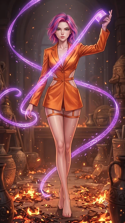 score_9, masterpiece, best quality, ultra-detailed, High-budget Anime Keyframe, Caucasian woman, strictly human ears. Dynamic full-body shot stretching the vertical silhouette to the limit. Scenario 541: unravelling a spool of glowing violet ribbon i