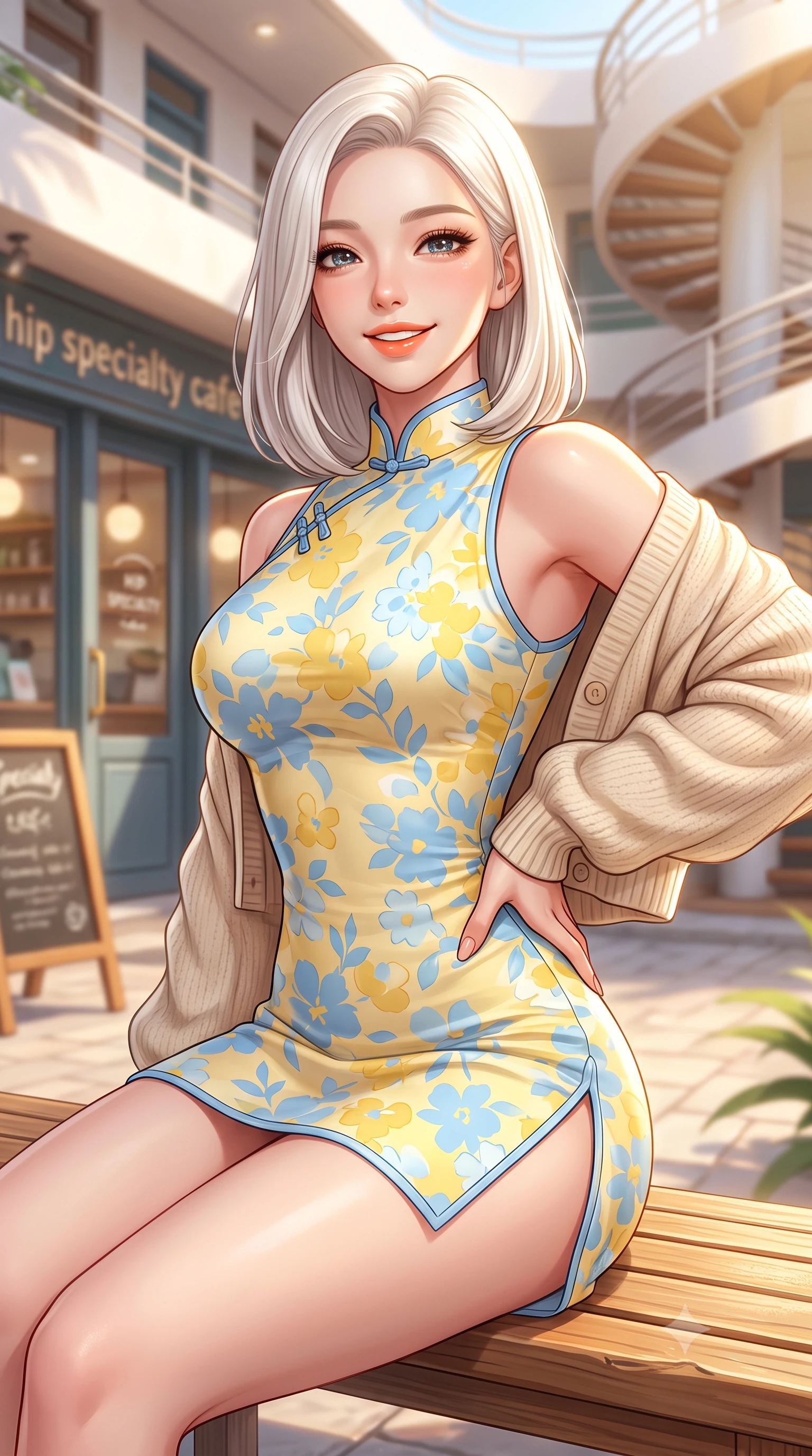 score_9, masterpiece, best quality, ultra-detailed, high-budget anime keyframe, semi-realistic 3D game render, editorial fashion photography, tasteful artistic composition, Korean woman. close-up cowboy shot from the waist and thighs up, the character dominates the composition, filling the frame with her large presence. twisting her slender torso in an alluring contrapposto stance, one hand resting on her sculpted hip while flashing a radiant, playful smile with parted glossy lips while sitting on a low teak bench in a lush tropical courtyard beneath curved Streamline Moderne spiral staircases, arching her back with a bright, charming smile. The composition keeps background elements in soft focus with dreamy creamy bokeh. hip specialty cafe storefronts and sunlit courtyards softened in chic tropical shallow focus. She has an exceptionally elegant, slender, and willowy female figure with an ultra-slim waist, flat toned midriff, narrow ribcage, and sculpted feminine hips creating an alluring, slim hourglass silhouette without bulk. sharp v-shaped jawline, high-bridge nose, intricate jewel-like sparkling eyes with depth, thick eyelashes, glossy parted lips with a natural peach sheen, bright cheerful beaming smile with an enchanting and coquettish sensual glint, exuding both youthful cute charm and seductive allure, flawlessly proportioned anatomical accuracy, strict slender model proportions, natural body alignment, perfectly sculpted long slender limbs, ultra-slim waistline, clean dynamic posture without body distortion. wearing a modern cute qipao mini dress with double side slits ascending to the hip in pastel floral silk in sunny daffodil yellow and clear sky blue, tailored from crisp cotton poplin with clean structural lines, complemented by an oversized soft knit cardigan slipping off one bare shoulder, the liquid-tight tailored fabric clinging flawlessly to her narrow waist and rounded feminine hips, emphasizing every millimeter of her sculpted slim hourglass curves without any bulky heaviness. bathed in warm, luminous tropical morning sunlight streaming into the secluded courtyard. highly saturated vibrant anime colors, detailed shading with soft gradients, rich glossy textures, high-contrast stereoscopic depth, volumetric dynamic lighting, master piece, 9:16 ratio
