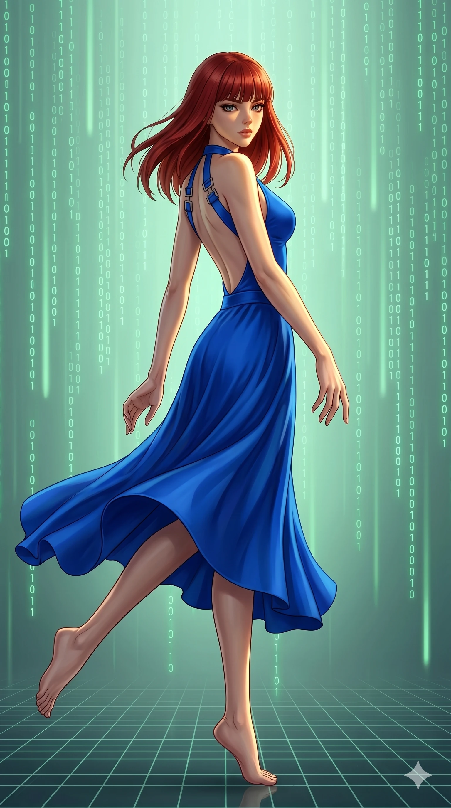 score_9, masterpiece, best quality, ultra-detailed, high-budget anime keyframe, editorial fashion photography, tasteful artistic composition, Caucasian woman, strictly human ears. low angle full-body shot from head to toe showing her feet, filling the entire 9:16 vertical frame with her statuesque presence, stretching her vertical silhouette. Executing a dynamic turning step with one leg extended behind inside a digital void where streams of binary light rain gently in emerald green cascades. She has an absolutely perfect 8-heads proportion, an exceptionally tall and slender female figure with impossibly long slender legs and an ultra-slim waist. V-shaped jawline, high-bridge nose, intricate jewel-like eyes with depth, thick eyelashes, glossy lips with a natural sheen. wearing an architectural halter-neck bodysuit in electric cobalt with an open-back design and bold geometric strap hardware at the shoulders, paired with a flowing high-waist silk midi skirt in matching cobalt. lit by dramatic chiaroscuro with a single golden key light carving her facial contours and figure. 2k, ultra detail, master piece, 9:16 ratio