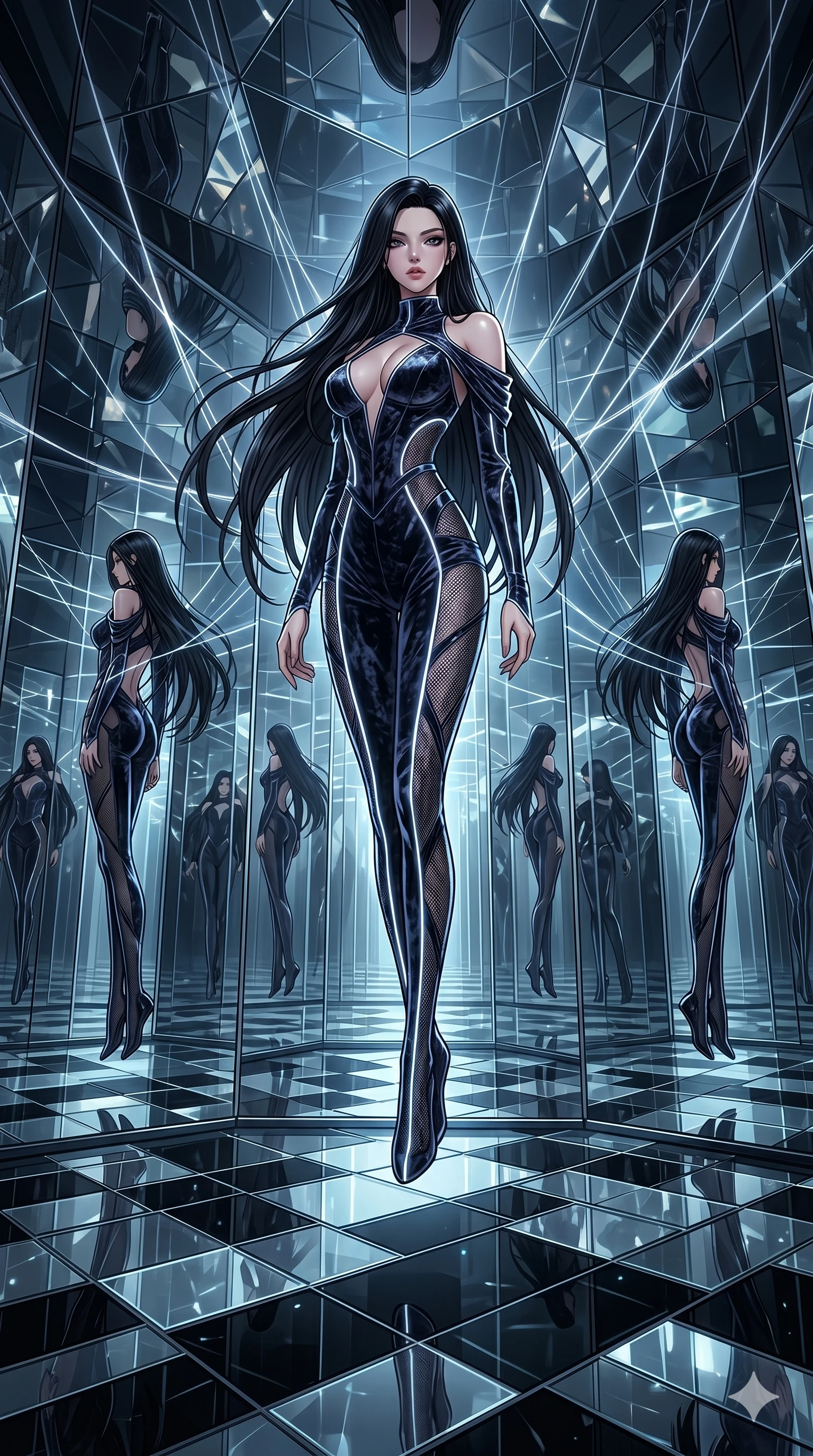 score_9, masterpiece, best quality, ultra-detailed, High-budget Anime Keyframe, East Asian woman. Dynamic full-body shot stretching the vertical silhouette to the limit. Scenario 156: Suspended by invisible silk threads in a hall of mirrors. Her presence is magnetic and overpowering in this high-budget anime scene. Outfit 156: A crushed dark velvet mesh with a low-cut shoulder and glowing LED seams. The clothing is designed to emphasize her exceptionally tall and slender 8-heads proportion. 8-heads proportion, towering silhouette, ultra-slim waist. sharp v-shaped jawline, intricate jewel-like eyes with depth, thick eyelashes, glossy lips. 2k, ultra detail, master piece, 9:16 ratio
