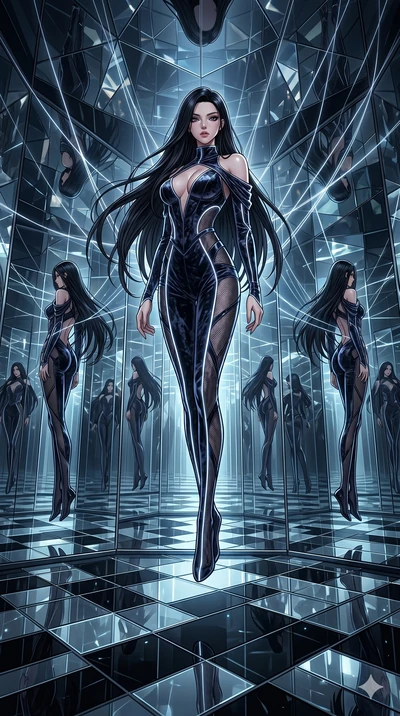 score_9, masterpiece, best quality, ultra-detailed, High-budget Anime Keyframe, East Asian woman. Dynamic full-body shot stretching the vertical silhouette to the limit. Scenario 156: Suspended by invisible silk threads in a hall of mirrors. Her pres