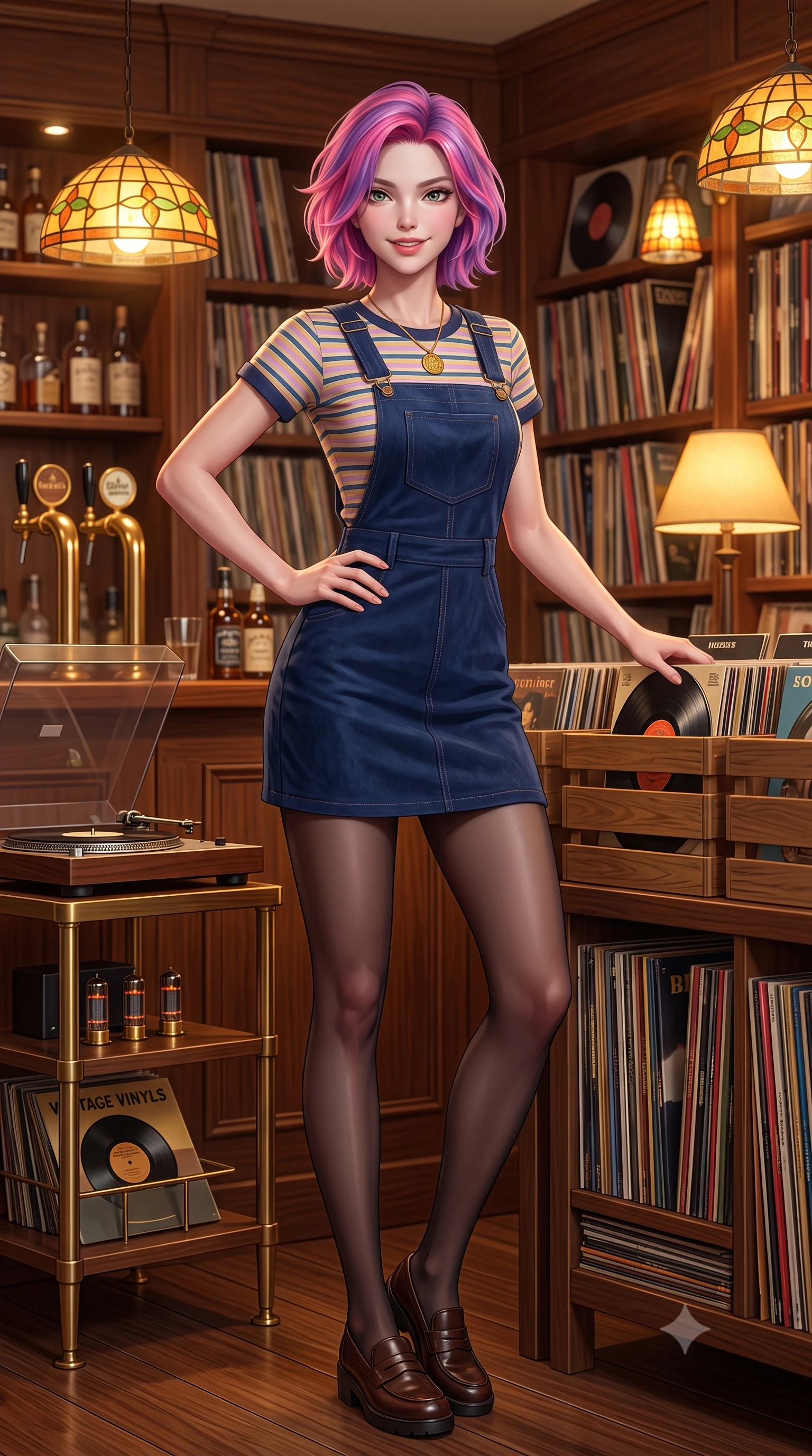 score_9, masterpiece, best quality, ultra-detailed, high-budget anime keyframe, semi-realistic 3D game render, editorial fashion photography, tasteful artistic composition, Caucasian woman. low angle full-body shot from head to toe showing her feet, filling the entire 9:16 vertical frame with her statuesque presence, stretching her vertical silhouette. standing poised with one hip cocked in an alluring high-fashion pose, her tall 8.5-heads proportions dominating the scene while browsing through crates of vintage vinyl records in a cozy, wood-paneled record shop with a fascinated, sweet smile. The composition keeps background elements in soft focus with creamy bokeh. stained glass pendant lamps and brass bar taps softened in cozy analog depth of field. She has an absolutely perfect, statuesque 8.5-heads proportion, an exceptionally tall and slender model-like female figure with impossibly long slender legs, a toned flat midriff, and an ultra-slim waist. sharp v-shaped jawline, high-bridge nose, intricate jewel-like eyes with depth, thick eyelashes, glossy lips with a natural sheen, captivating and magnetic expression, flawlessly proportioned anatomical accuracy, strict slender model proportions, natural body alignment, perfectly sculpted long slender limbs, ultra-slim waistline, clean dynamic posture without body distortion. wearing a vintage corduroy dungaree dress layered over a pastel striped baby-tee with rolled cuffs in deep navy blue and vintage brass gold, tailored from velvety soft genuine suede with classic stitched seams, accented with a vintage gold coin pendant necklace and dark sheer tights, the glove-like aerodynamic second-skin fit tightly clinging to her ultra-slender waist and athletic curves without adding bulk, accentuating her razor-sharp statuesque lines and slim hourglass silhouette. bathed in warm amber incandescent lamp glow and golden vacuum tube ambient warmth. highly saturated vibrant anime colors, detailed shading with soft gradients, rich glossy textures, high-contrast stereoscopic depth, volumetric dynamic lighting, master piece, 9:16 ratio