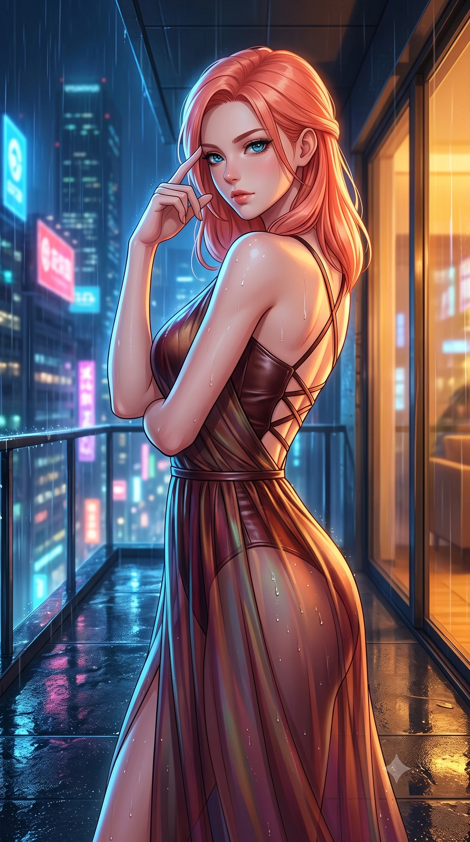 score_9, masterpiece, best quality, ultra-detailed, high-budget anime keyframe, editorial fashion photography, tasteful artistic composition, Japanese woman. close-up cowboy shot from the waist and thighs up, the character dominates the composition, filling the frame with her large presence, background elements kept in soft focus. Pressing two fingers to her temple in a composed thoughtful gesture with an air of magnetic charisma poised on a rain-slicked balcony overlooking a glowing futuristic metropolis, wet asphalt surfaces casting glossy specular highlights from surrounding signs. She has an exceptionally elegant, slender, and willowy female figure with an ultra-slim waist, a gracefully sculpted slender torso, and a refined silhouette. sharp v-shaped jawline, high-bridge nose, intricate jewel-like eyes with depth, thick eyelashes, glossy lips with a natural sheen. wearing a semi-opaque sheer overlay dress over a leather micro-bodysuit in deep burgundy and bronze, crafted from iridescent chiffon that shifts colors in the light, complemented by criss-cross back straps highlighting her bare shoulders, the form-contouring material highlighting her ultra-slim waist and long lines. illuminated by warm indoor golden amber light and cool rainy blue neon rim light. highly saturated vibrant anime colors, detailed shading with soft gradients, rich glossy textures, high-contrast stereoscopic depth, volumetric dynamic lighting, master piece, 9:16 ratio