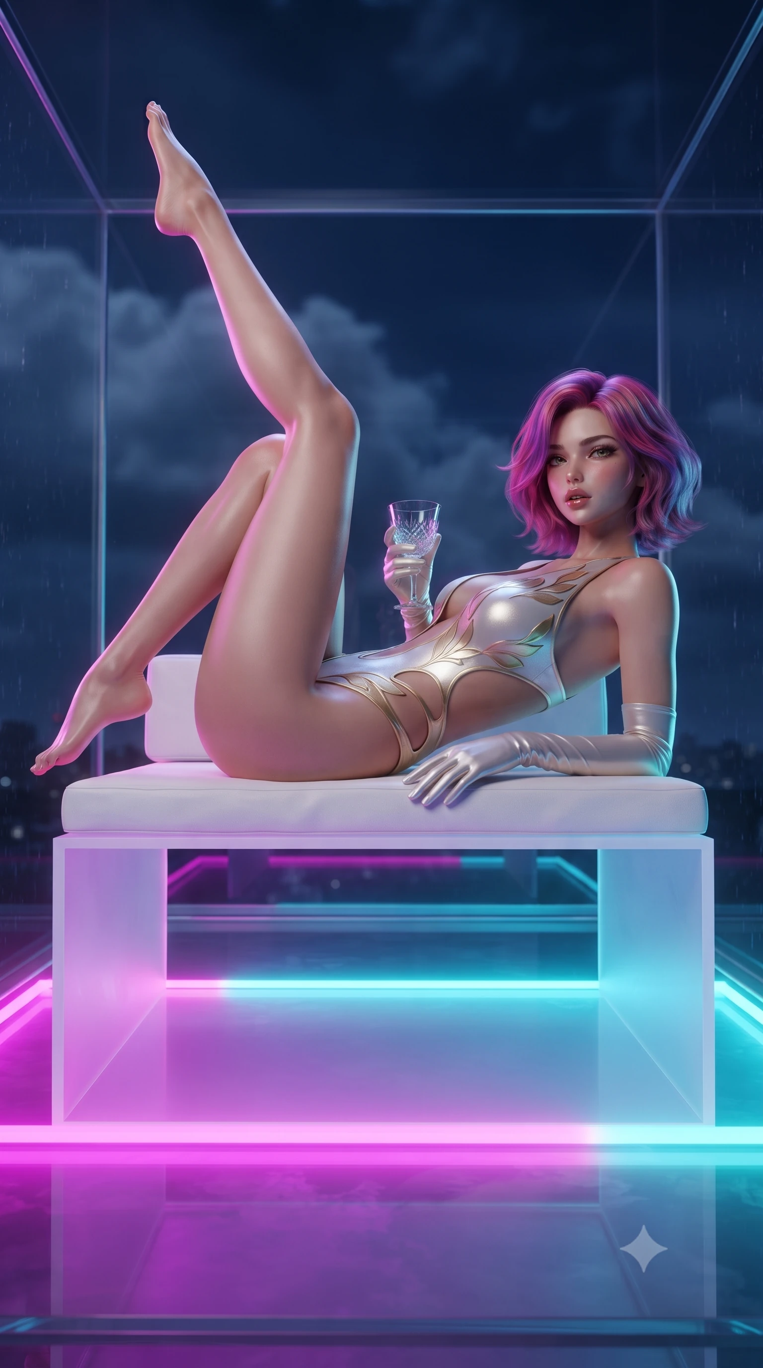score_9, masterpiece, best quality, ultra-detailed, high-budget anime keyframe, editorial fashion photography, tasteful artistic composition, Caucasian woman. low angle full-body shot from head to toe showing her feet, filling the entire 9:16 vertical frame with her statuesque presence, stretching her vertical silhouette. reclining on her side in an elegant Cleopatra pose with one knee drawn up, the dramatic contour of her rounded hips and long slender legs commanding the 9:16 vertical frame while reclining on a minimalist white acrylic cube daybed within the transparent skybox, arching her lower back to display her curvy hips against the neon abyss. The composition keeps background elements in soft focus with creamy bokeh. sleek glasscube structural frame and passing rain clouds softened in futuristic shallow focus. She has an exceptionally tall and slender model-like 8.5-heads proportion, an ultra-slim waist, a flat toned midriff, narrow delicate ribcage, and beautifully sculpted feminine hips creating a graceful, slim hourglass silhouette without any bulky heaviness, with impossibly long slender legs. sharp v-shaped jawline, high-bridge nose, intricate jewel-like eyes with depth, thick eyelashes, glossy parted lips with a natural sheen, intensely captivating and seductive bedroom-eyes expression, flawlessly proportioned anatomical accuracy, strict slender model proportions, natural body alignment, perfectly sculpted long slender limbs, ultra-slim waistline, clean dynamic posture without body distortion. wearing a botanical cutout monokini with organic leaf-curve side openings and high-cut hip bands in pure alabaster white and sun-kissed gold, crafted from luxurious metallic lamé that shifts radiance with every step, accessorized with opera-length satin gloves and a vintage crystal glass, the dramatically scooped open back descending to the base of her spine, accentuating her razor-sharp statuesque lines and slim hourglass silhouette. bathed in vibrant magenta and electric cyan neon underlights contrasting with cool night sky ambient fill. ultra-reflective glossy finish, specular highlights, rich textural contrasts, high-contrast stereoscopic depth, volumetric dynamic lighting, 2k, ultra detail, master piece, 9:16 ratio
