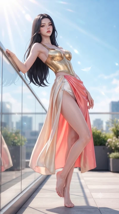 score_9, masterpiece, best quality, ultra-detailed, high-budget anime keyframe, editorial fashion photography, tasteful artistic composition, Korean woman. low angle full-body shot from head to toe showing her feet, filling the entire 9:16 vertical f