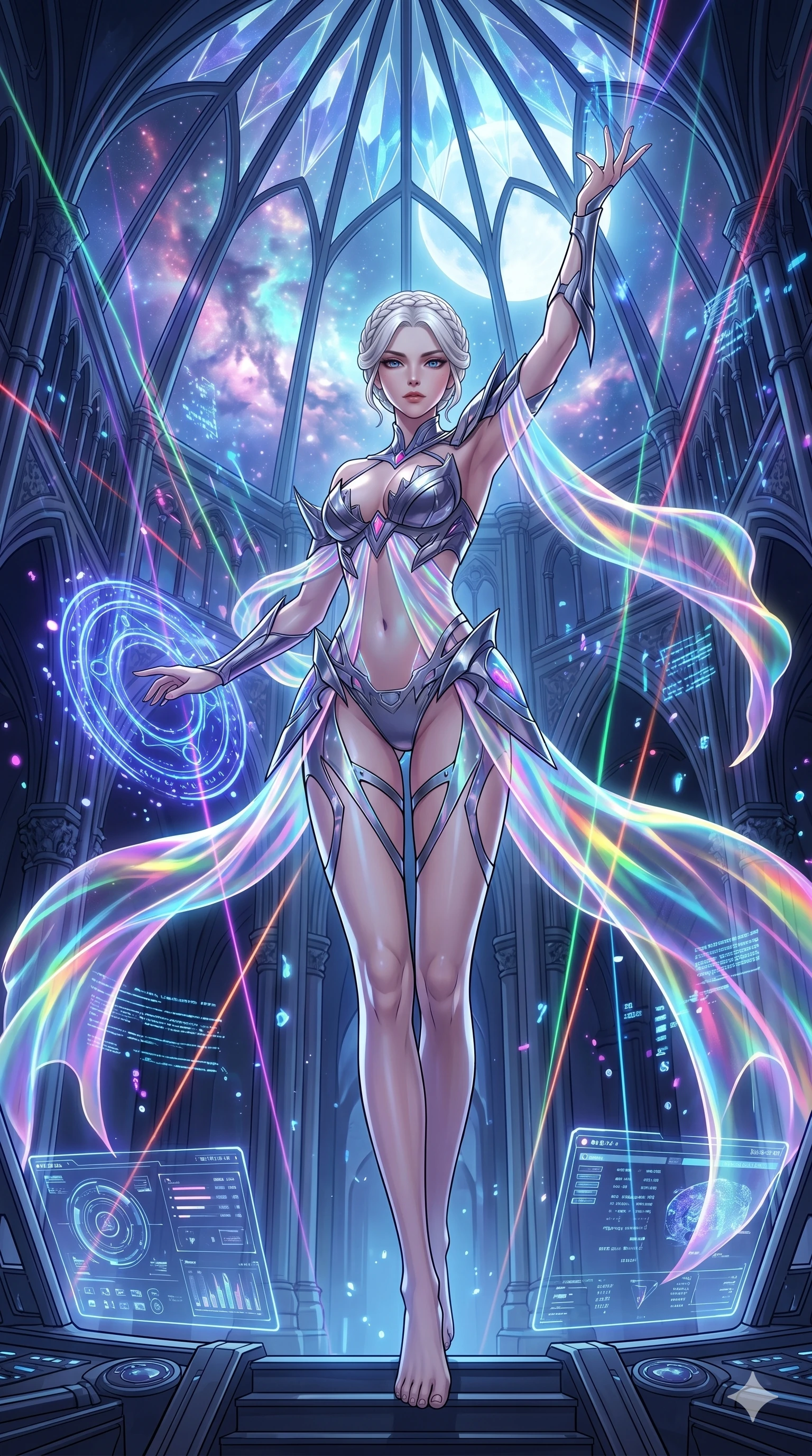 score_9, masterpiece, best quality, ultra-detailed, High-budget Anime Keyframe, vibrant colors, fluid line-art, expressive lighting, cinematic composition, Ufotable-style visual effects, top-tier animation quality, Japanese woman with delicate and elegant anime-inspired features. Wide-angle low shot emphasizing her impossibly long slender legs and commanding stature. Orchestrating a complex symphony of laser lights and holographic projections in a grand futuristic concert hall. She has an absolutely perfect 8-heads proportion, an exceptionally tall and slender female figure with impossibly long slender legs and an ultra-slim waist, her statuesque height and towering silhouette dominating the vertical 9:16 frame. Her face is a masterpiece featuring a sharp v-shaped jawline, high-bridge nose, intricate jewel-like eyes with depth, thick eyelashes, and glossy lips with a natural sheen. She is wearing a Metallic armor-bikini with sharp, aggressive edges and integrated energy-shield generators crafted from Holographic chiffon that changes color with every movement, creating a rainbow effect, with integrated neon-lit tactical gear and suggestive cutouts on the thighs. The scene is set in a majestic gothic cathedral in deep space with massive windows overlooking a swirling nebula, illuminated by ethereal moonlight filtering through a crystalline canopy, creating soft highlights. 2k, ultra detail, master piece, 9:16 ratio