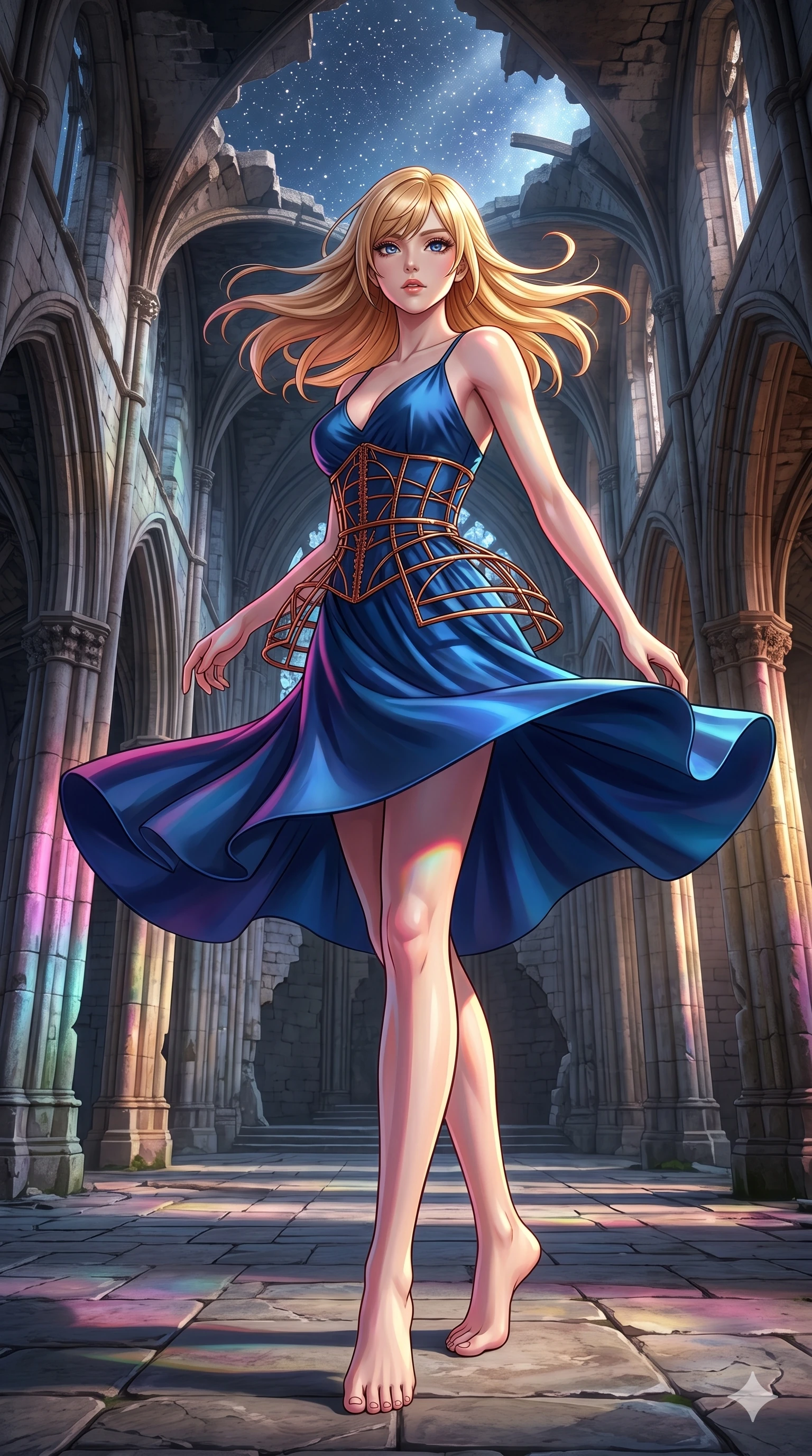 score_9, masterpiece, best quality, ultra-detailed, high-budget anime keyframe, editorial fashion photography, tasteful artistic composition, Caucasian woman, strictly human ears. low angle full-body shot from head to toe showing her feet, filling the entire 9:16 vertical frame with her statuesque presence, stretching her vertical silhouette. Spinning in a rapid mid-turn, her garments and hair caught in a dramatic centrifugal swirl within an ancient cathedral ruins where starlight pours through the broken ceiling, with a sense of ancient serenity filling every corner. She has an absolutely perfect 8-heads proportion, an exceptionally tall and slender female figure with impossibly long slender legs and an ultra-slim waist. V-shaped jawline, high-bridge nose, intricate jewel-like eyes with depth, thick eyelashes, glossy lips with a natural sheen. wearing a deep sapphire blue silk slip dress accented with a custom-crafted copper wire cage corset. lit by high-contrast holographic projection lighting with vivid colored shadows defining her form. 2k, ultra detail, master piece, 9:16 ratio