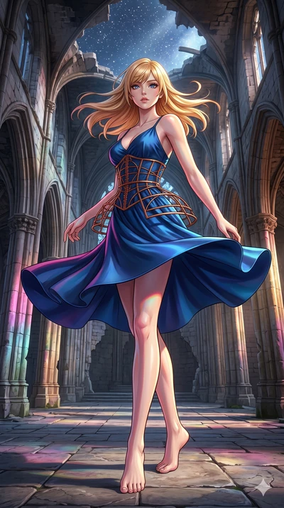 score_9, masterpiece, best quality, ultra-detailed, high-budget anime keyframe, editorial fashion photography, tasteful artistic composition, Caucasian woman, strictly human ears. low angle full-body shot from head to toe showing her feet, filling th