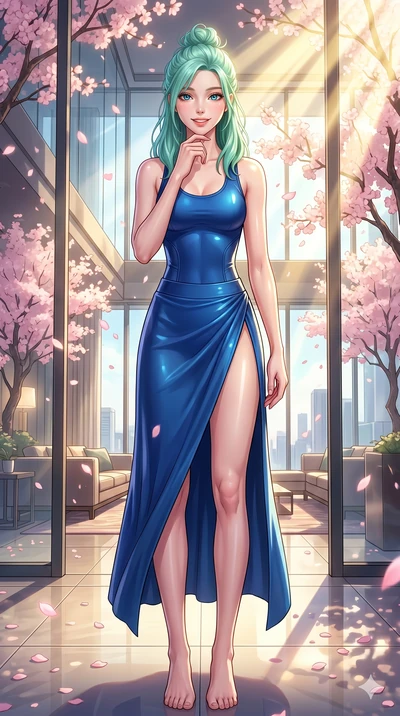 score_9, masterpiece, best quality, ultra-detailed, high-budget anime keyframe, vibrant anime aesthetic, Japanese woman. cowboy shot from the thighs up, character and outfit filling the frame for maximum presence. She is standing under blooming trees