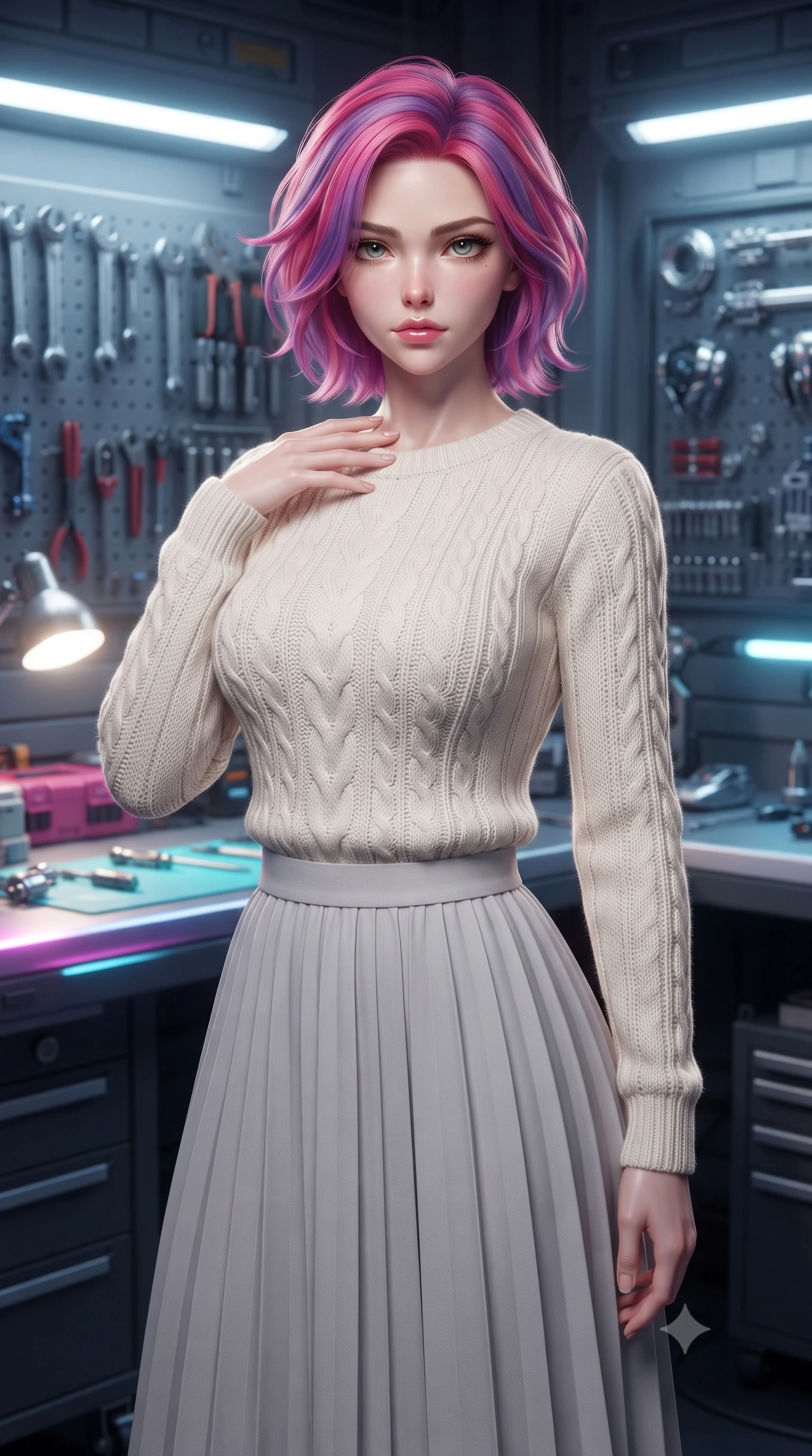 score_9, masterpiece, best quality, ultra-detailed, high-budget anime keyframe, editorial fashion photography, tasteful artistic composition, Caucasian woman. close-up cowboy shot from the waist and thighs up, the character dominates the composition, filling the frame with her large presence, background elements kept in soft focus. standing with one hand resting on her collarbone, looking at the viewer with bedroom-eyes the background shows a soft-focus a futuristic workshop with tool racks, cyber-wear parts, and a neon workbench. She has an exceptionally elegant, slender, and willowy female figure with an ultra-slim waist, a gracefully sculpted slender torso, and a refined silhouette. sharp v-shaped jawline, high-bridge nose, intricate jewel-like eyes with depth, thick eyelashes, glossy lips with a natural sheen. wearing a body-hugging cozy cable-knit sweater in ivory, paired with a pleated light grey midi skirt. bright workbench spotlights casting clear, detailed front lighting and soft back shadow. ultra-reflective glossy finish, specular highlights, metallic sheen, high-contrast stereoscopic depth, volumetric dynamic lighting, 2k, ultra detail, master piece, 9:16 ratio