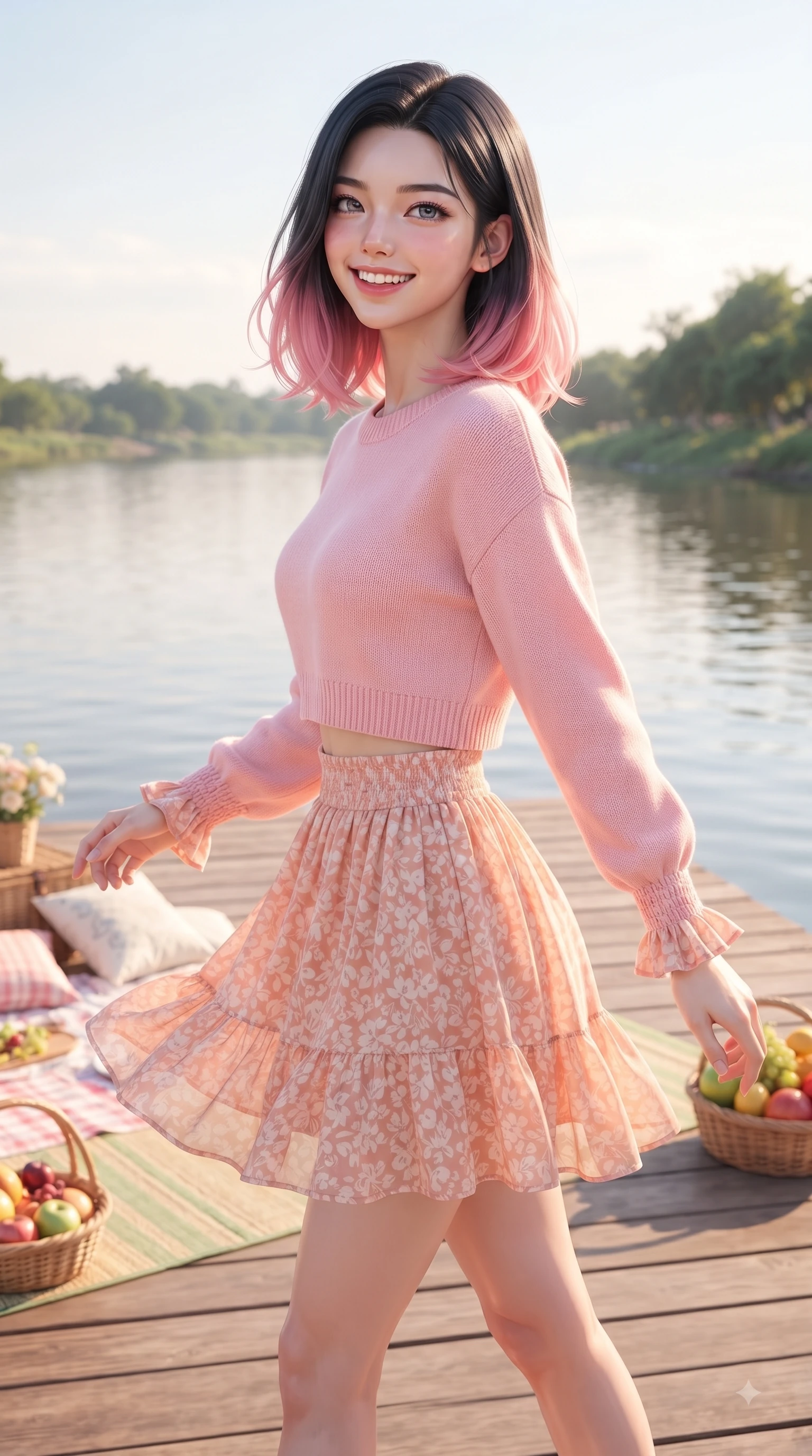 score_9, masterpiece, best quality, ultra-detailed, high-budget anime keyframe, editorial fashion photography, tasteful artistic composition, Korean woman. close-up cowboy shot from the waist and thighs up, the character dominates the composition, filling the frame with her large presence. Radiant youthful grin reflecting girlhood charm while casting a playful, joyful side-gaze with heavy lashes while pivoting in a happy stride along a sunlit wooden pier overlooking calm river waters. The surrounding environment is rendered in vivid detail and crisp panoramic clarity. lush picnic mat arrangements, fresh fruit baskets, and detailed park foliage rendered in deep focus. She has an exceptionally elegant, slender, and willowy female figure with an ultra-slim waist, a gracefully sculpted slender torso, and a refined silhouette. sharp v-shaped jawline, high-bridge nose, intricate jewel-like eyes with depth, thick eyelashes, glossy lips with a natural sheen, flawlessly proportioned anatomical accuracy, natural body alignment, perfectly sculpted elegant limbs, clean dynamic posture without body distortion. wearing a sweet baby-pink cropped knit sweater with a high-waisted denim A-line skirt in peach blossom pink and warm oatmeal, made of fine lightweight chiffon that flutters gently in the breeze, accented with soft smocked details and fluttery cuffs, the chic real-way fashion cut emphasizing her effortless charm. illuminated by soft glowing sunset reflections with cheerful golden rim lights. ultra-reflective glossy finish, specular highlights, metallic sheen, high-contrast stereoscopic depth, volumetric dynamic lighting, 2k, ultra detail, master piece, 9:16 ratio