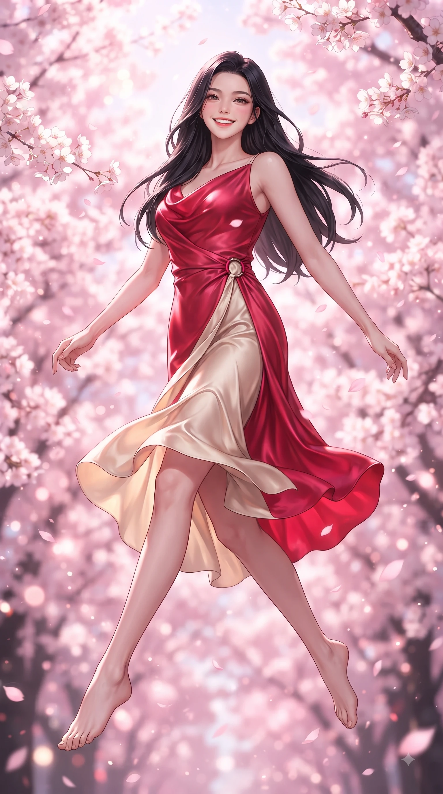 score_9, masterpiece, best quality, ultra-detailed, high-budget anime keyframe, editorial fashion photography, tasteful artistic composition, Korean woman. low angle full-body shot from head to toe showing her feet, filling the entire 9:16 vertical frame with her statuesque presence, stretching her vertical silhouette. leaping with pure youthful energy through the scene with a radiant bright smile, her long slender legs balanced gracefully while pivoting dynamically with a beaming smile as delicate pink sakura petals shower around her. The composition keeps background elements in soft focus with dreamy bokeh. dense cherry blossom canopies blurring into a dreamy glowing pink and white bokeh backdrop. She has an absolutely perfect, statuesque 8.5-heads proportion, an exceptionally tall and slender model-like female figure with impossibly long slender legs and an ultra-slim waist. sharp v-shaped jawline, high-bridge nose, intricate jewel-like eyes with depth, thick eyelashes, glossy lips with a natural sheen, flawlessly proportioned anatomical accuracy, natural body alignment, perfectly sculpted elegant limbs, clean dynamic posture without body distortion. wearing an elegant cowl-neck silk satin midi dress with a graceful draped neckline in vivid crimson red and champagne cream, crafted from lightweight fluid chiffon, accented with subtle metallic ring hardware framing her waist, the glove-like fit emphasizing her statuesque silhouette during motion. illuminated by soft glowing pink ambient light and clear sky refractions. ultra-reflective glossy finish, specular highlights, metallic sheen, high-contrast stereoscopic depth, volumetric dynamic lighting, 2k, ultra detail, master piece, 9:16 ratio