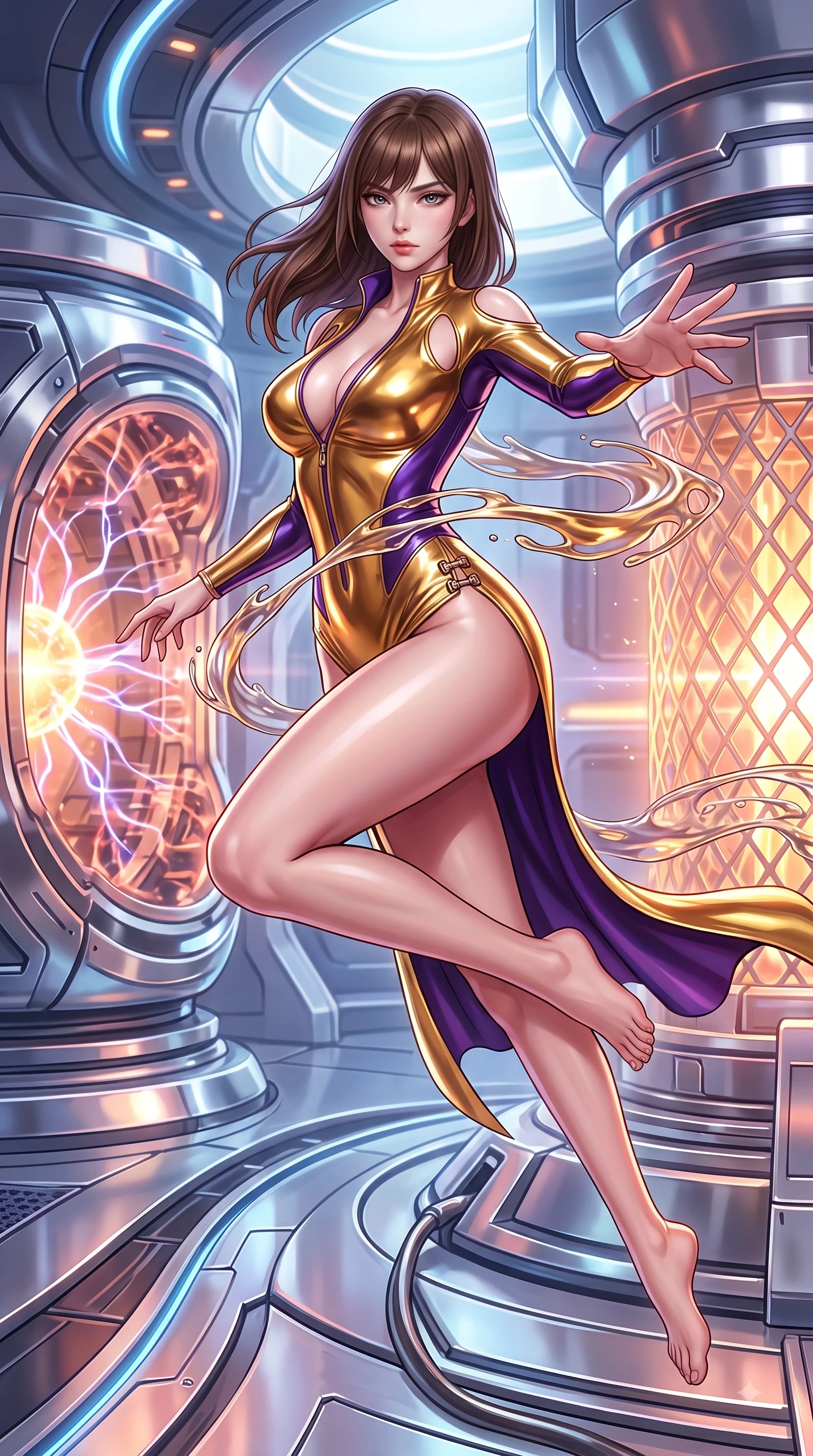 score_9, masterpiece, best quality, ultra-detailed, high-budget anime keyframe, semi-realistic 3D game render, editorial fashion photography, tasteful artistic composition, Korean woman. low angle full-body shot from head to toe showing her feet, filling the entire 9:16 vertical frame with her statuesque presence, stretching her vertical silhouette. leaping through mid-air with an athletic yet alluring arch of her spine, her impossibly long slender legs stretched in flawless poise while reaching forward with a dangerous smolder as streams of liquid plasma wrap around her waist. The surrounding environment is rendered in vivid detail and crisp panoramic clarity. intricate plasma arc textures, glowing fusion core lattices, and polished chrome plating in high resolution. She has an absolutely perfect, statuesque 8.5-heads proportion, an exceptionally tall and slender model-like female figure with impossibly long slender legs and an ultra-slim waist. sharp v-shaped jawline, high-bridge nose, intricate jewel-like eyes with depth, thick eyelashes, glossy lips with a natural sheen, flawlessly proportioned anatomical accuracy, natural body alignment, perfectly sculpted elegant limbs, clean dynamic posture without body distortion. wearing a form-fitting top made of molten liquid-mercury fabric that clings to her curves, with strategic tear-drop shoulder cutouts and a dangerously unzipped front collar in lustrous molten gold and pure deep violet, crafted from ultra-reflective second-skin latex with a glass-like polish, finished with an ultra-high side slit secured by miniature magnetic clasps, the sleek aerodynamic cut emphasizing her magnetic presence and alluring physical grace. surrounded by a supercharged, high-voltage, and breathtakingly bold sensual aura. highly saturated vibrant anime colors, detailed shading with soft gradients, rich glossy textures, high-contrast stereoscopic depth, volumetric dynamic lighting, master piece, 9:16 ratio