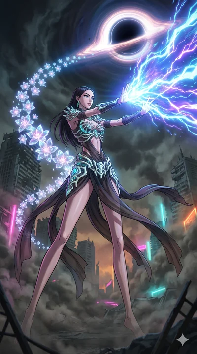 score_9, masterpiece, best quality, ultra-detailed, Set A: High-budget Anime Keyframe, Korean woman. Low angle cowboy shot filling the entire 9:16 frame with her statuesque presence. Theme: Urban Decay. unleashing a massive energy wave in the edge of