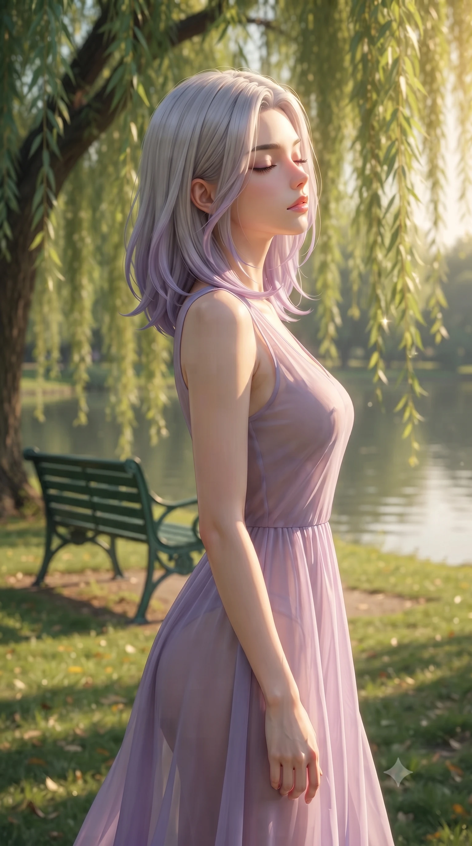 score_9, masterpiece, best quality, ultra-detailed, high-budget anime keyframe, editorial fashion photography, tasteful artistic composition, Caucasian woman woman. close-up cowboy shot from the waist and thighs up, the character dominates the composition, filling the frame with her large presence, background elements kept in soft focus. turning her face in profile to catch the warm sunlight on her cheek, eyes softly closed the background shows a soft-focus a green park bench under a large weeping willow tree near a calm lake. She has an exceptionally elegant, slender, and willowy female figure with an ultra-slim waist, a gracefully sculpted slender torso, and a refined silhouette. sharp v-shaped jawline, high-bridge nose, intricate jewel-like eyes with depth, thick eyelashes, glossy lips with a natural sheen. wearing a form-contouring semi-transparent chiffon maxi dress in lavender, showing her silhouette through the sheer fabric. dappled sunbeams filtering through the willow leaves onto the grass. ultra-reflective glossy finish, specular highlights, metallic sheen, high-contrast stereoscopic depth, volumetric dynamic lighting, 2k, ultra detail, master piece, 9:16 ratio