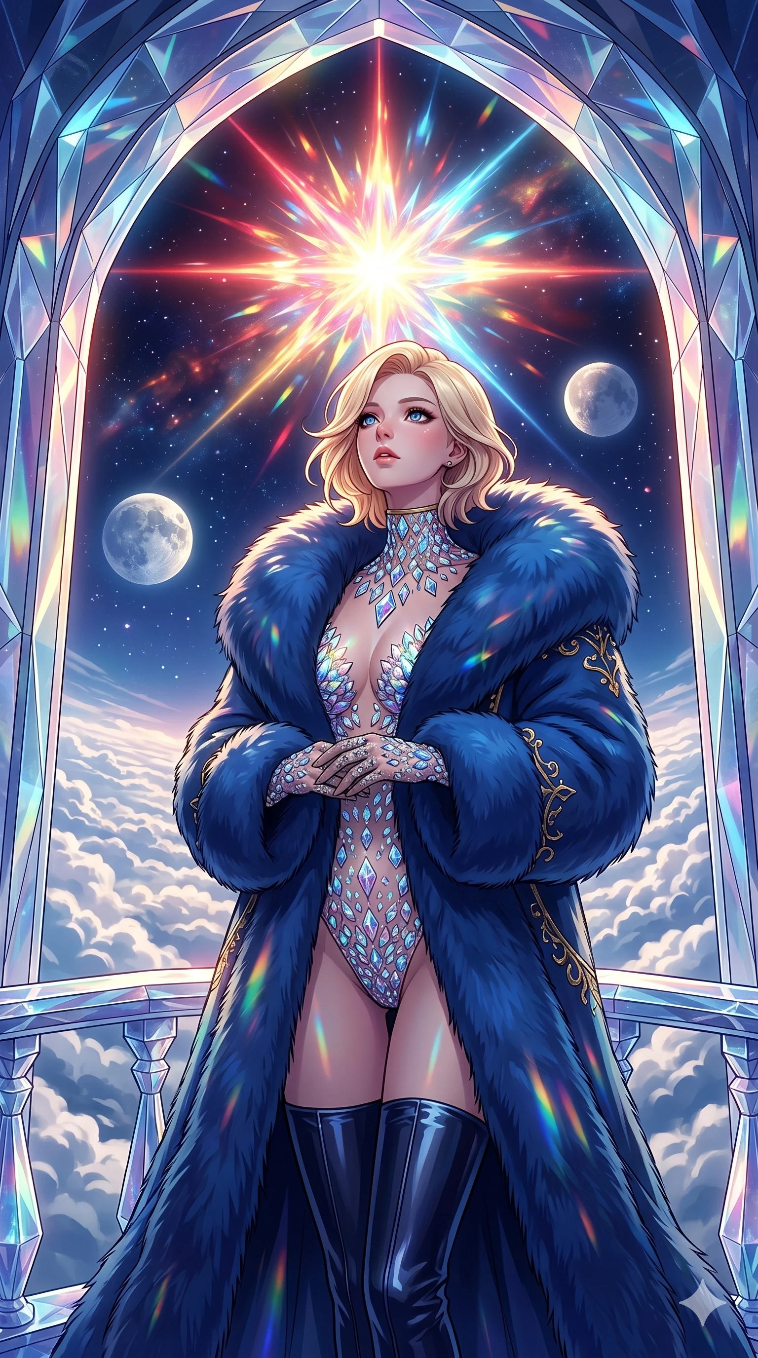 score_9, masterpiece, best quality, ultra-detailed, high-budget anime movie keyframe, cinematic anime lighting, intricate line art, Caucasian (strictly human ears) woman. Medium shot of upper body capturing the intricate details of her high-fashion attire. observing a supernova in a crystal palace above the clouds under a twin-moon sky. She has an absolutely perfect 8-heads proportion, an exceptionally tall and slender female figure with an ultra-slim waist and impossibly long slender legs. sharp v-shaped jawline, high-bridge nose, intricate jewel-like eyes, thick eyelashes, glossy lips. Wearing seasonal winter-couture featuring a plush oversized faux-fur coat worn over a skin-tight crystalline leotard and thigh-high stiletto boots. The scene is illuminated by dramatic atmospheric lighting and vibrant color palettes. , 2k, ultra detail, master piece, 9:16 ratio