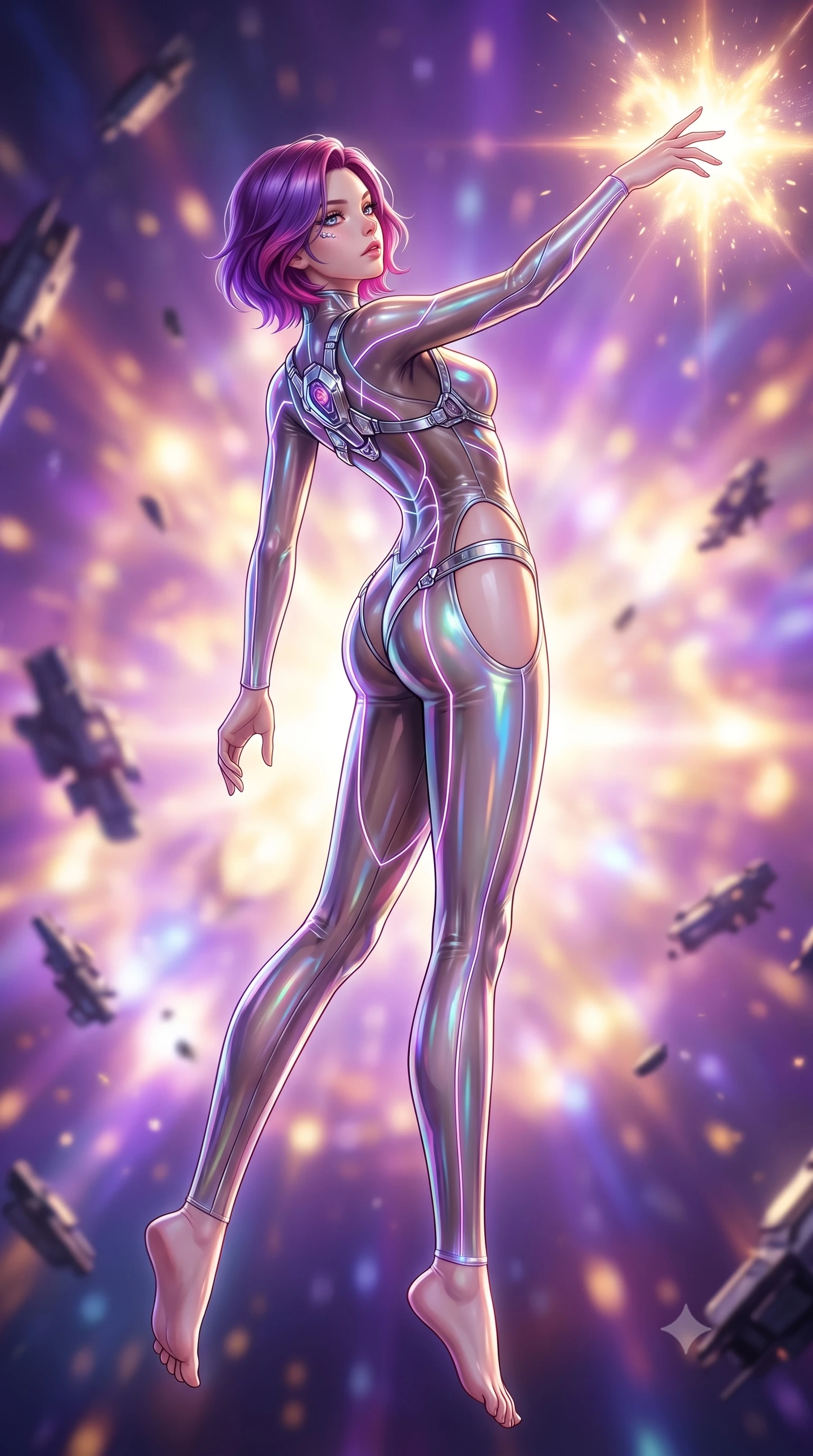 score_9, masterpiece, best quality, ultra-detailed, high-budget anime keyframe, semi-realistic 3D game render, editorial fashion photography, tasteful artistic composition, Caucasian woman. low angle full-body shot from head to toe showing her feet, filling the entire 9:16 vertical frame with her statuesque presence, stretching her vertical silhouette. arching her back in a fluid zero-gravity turn with sovereign grace, her long slender legs and sculpted torso creating a sweeping line while extending one arm gracefully toward the exploding celestial star with an ethereal, smoldering expression. The composition keeps background elements in soft focus with creamy bokeh. blazing supernova shockwaves and floating starship debris blurred into brilliant violet and gold bokeh. She has an absolutely perfect, statuesque 8.5-heads proportion, an exceptionally tall and slender model-like female figure with impossibly long slender legs and an ultra-slim waist. sharp v-shaped jawline, high-bridge nose, intricate jewel-like eyes with depth, thick eyelashes, glossy lips with a natural sheen, flawlessly proportioned anatomical accuracy, natural body alignment, perfectly sculpted elegant limbs, clean dynamic posture without body distortion. wearing a skin-tight cybernetic bodysuit with glowing neon seams, deep hip cutouts, and an aerodynamic athletic fit in translucent smoky quartz and iridescent holographic sheen, crafted from ultra-reflective second-skin latex with a glass-like polish, reinforced by a sleek metallic chrome harness and delicate glowing micro-straps, the glove-like fit tightly following every curve of her statuesque athletic build. illuminated by glowing holographic console uplights and sharp starlight rim highlights. highly saturated vibrant anime colors, detailed shading with soft gradients, rich glossy textures, high-contrast stereoscopic depth, volumetric dynamic lighting, master piece, 9:16 ratio