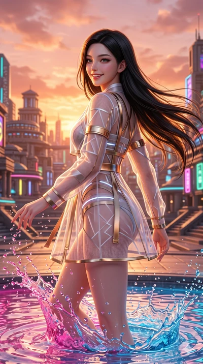 score_9, masterpiece, best quality, ultra-detailed, Set A: Photorealistic 8k CG, Japanese woman. Upper body close-up from the thighs up, character filling the screen for maximum presence. Standing in a fountain of colorful liquid in a futuristic plaz