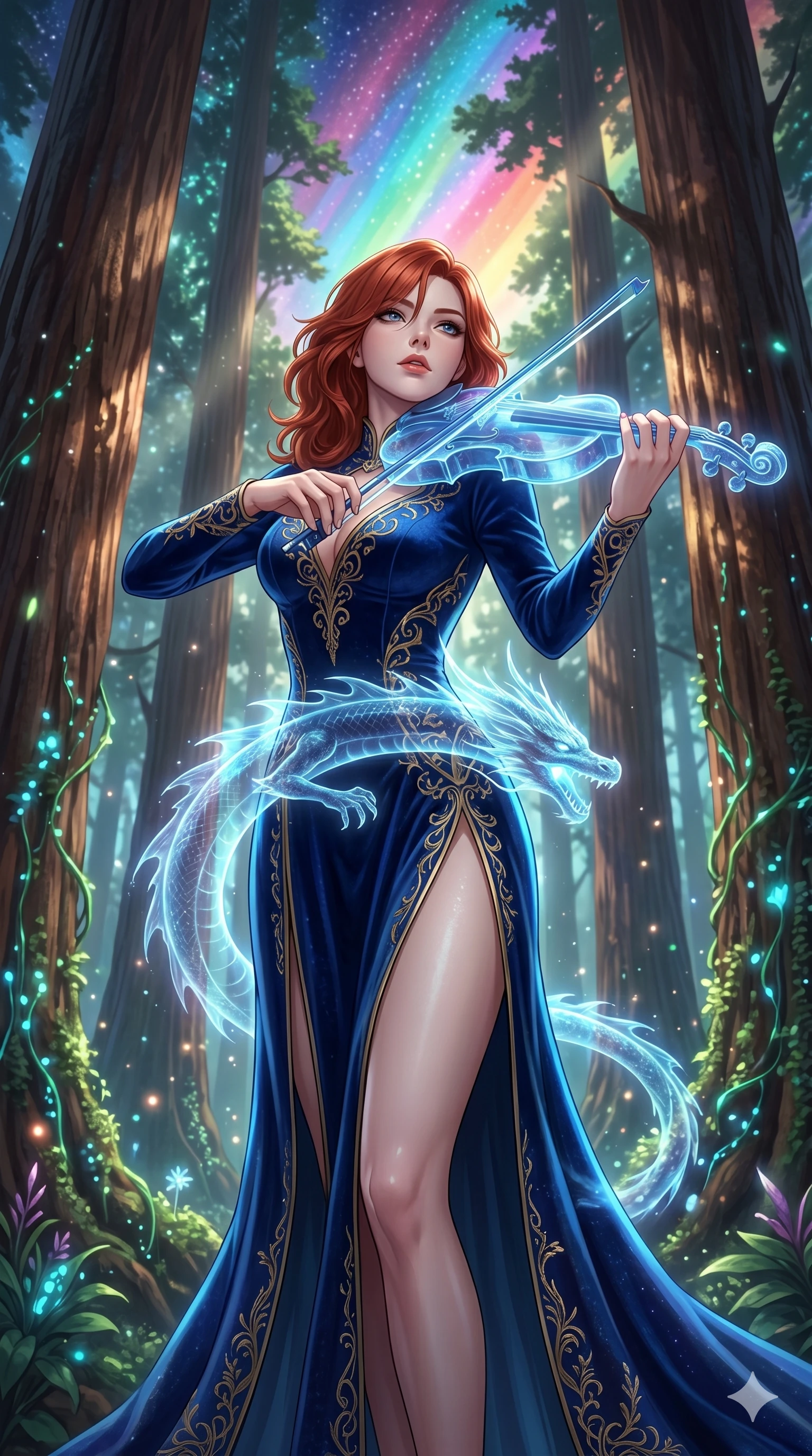 score_9, masterpiece, best quality, ultra-detailed, Set A: High-budget Anime Keyframe, Korean woman. Upper body close-up from the thighs up, character filling the screen for maximum presence. Theme: Abstract Cosmic. playing a holographic violin in a giant redwood forest with glowing vines, with a look of serene power as the sky splits into 258 colors. The atmosphere is filled with cinematic sunlight through leaves. She has an absolutely perfect 8-heads proportion, an exceptionally tall and slender female figure with impossibly long slender legs and an ultra-slim waist. Sharp v-shaped jawline, high-bridge nose, intricate jewel-like eyes with depth, glossy lips. Wearing High-slit velvet gown with integrated holographic projection of a dragon. Cinematic lighting, vivid colors, dramatic shadows, 2k, ultra detail, master piece, 9:16 ratio