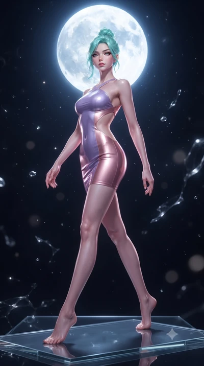 score_9, masterpiece, best quality, ultra-detailed, high-budget anime keyframe, editorial fashion photography, tasteful artistic composition, Japanese woman. low angle full-body shot from head to toe showing her feet, filling the entire 9:16 vertical