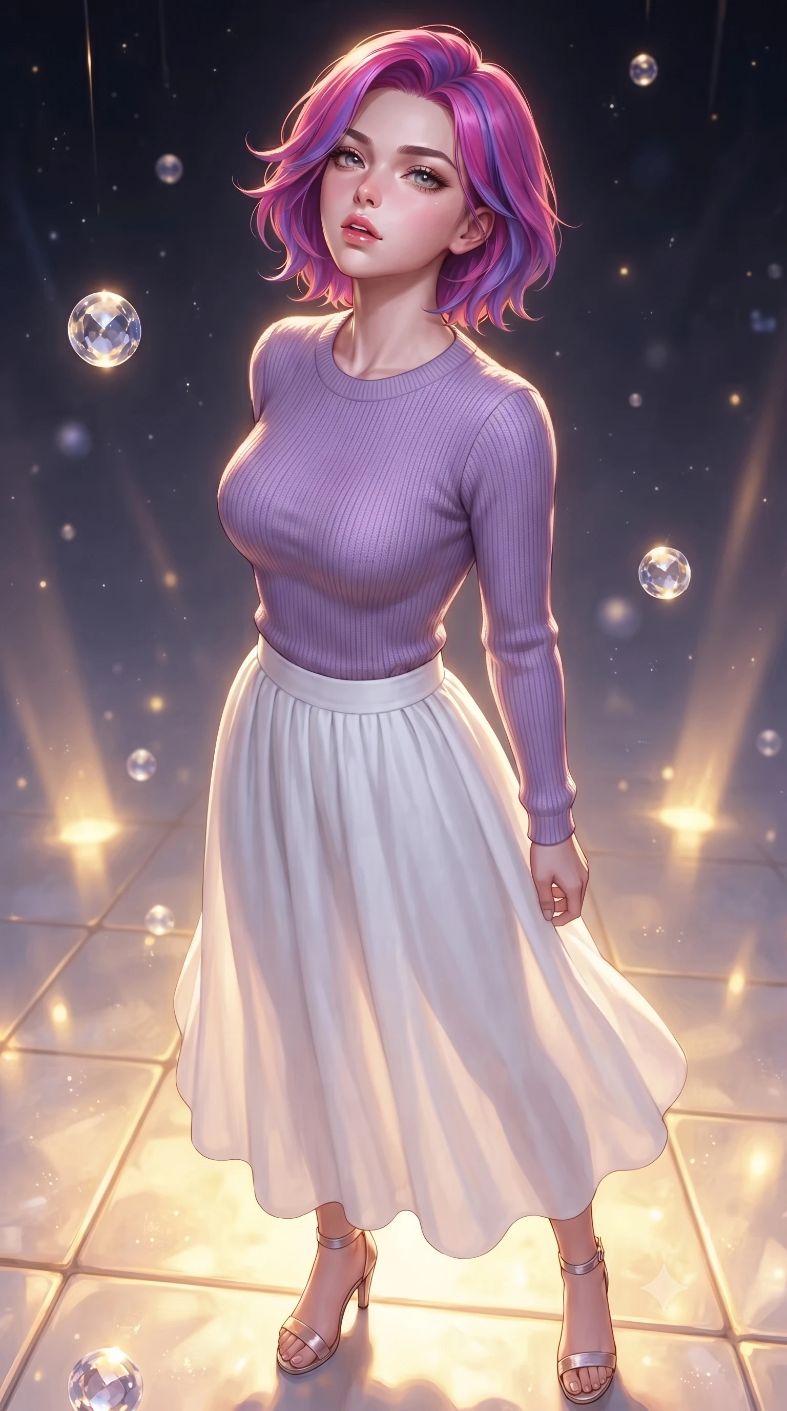 score_9, masterpiece, best quality, ultra-detailed, high-budget anime keyframe, editorial fashion photography, tasteful artistic composition, Caucasian woman. close-up cowboy shot from the waist and thighs up, the character dominates the composition, filling the frame with her large presence, background elements kept in soft focus. tilting her chin up slightly with lips parted in a composed, provocative expression the background shows a soft-focus a starlight sanctuary with glowing golden floor tiles and floating crystal spheres. She has an exceptionally elegant, slender, and willowy female figure with an ultra-slim waist, a gracefully sculpted slender torso, and a refined silhouette. sharp v-shaped jawline, high-bridge nose, intricate jewel-like eyes with depth, thick eyelashes, glossy lips with a natural sheen. wearing a form-contouring comfortable lavender knit sweater paired with a flowy white cotton maxi skirt. warm golden uplighting highlighting her slender silhouette. ultra-reflective glossy finish, specular highlights, metallic sheen, high-contrast stereoscopic depth, volumetric dynamic lighting, 2k, ultra detail, master piece, 9:16 ratio