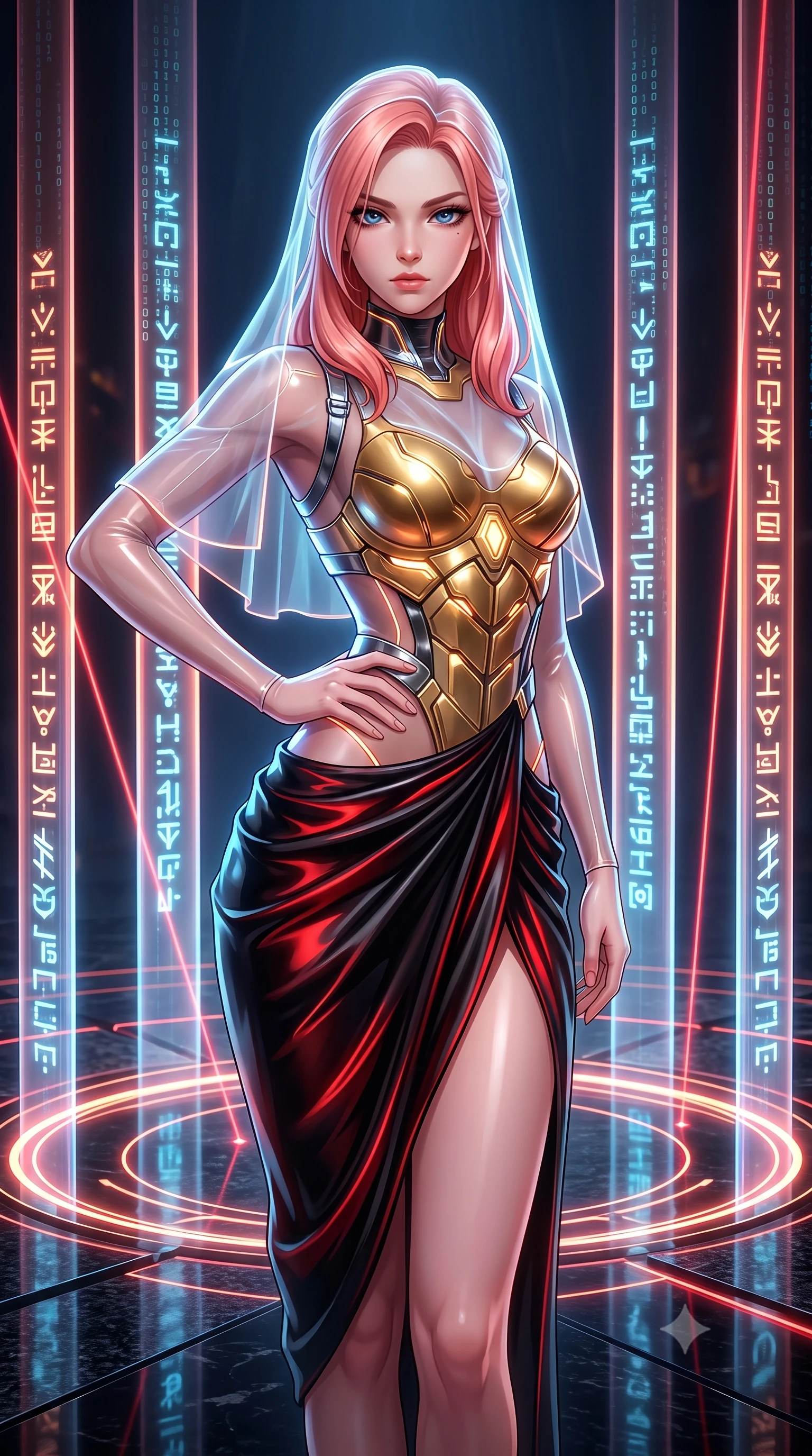 score_9, masterpiece, best quality, ultra-detailed, high-budget anime keyframe, semi-realistic 3D game render, editorial fashion photography, tasteful artistic composition, Japanese woman. close-up cowboy shot from the waist and thighs up, the character dominates the composition, filling the frame with her large presence. twisting her upper body in a dynamic S-curve with commanding allure, one hand resting on her slender waist with haughty grace while pausing at the center of a circular laser nexus as vertical light pillars project glowing cybernetic glyphs around her. The surrounding environment is rendered in vivid detail and crisp panoramic clarity. sharp obsidian stone edge reflections, distinct laser beam filament shafts, and granite floor reflections in deep focus. She has an exceptionally elegant, slender, and willowy female figure with an ultra-slim waist, a gracefully sculpted slender torso, toned flat midriff, and a refined slim silhouette. sharp v-shaped jawline, high-bridge nose, intricate jewel-like eyes with depth, thick eyelashes, glossy lips with a natural sheen, flawlessly proportioned anatomical accuracy, strict slender model proportions, natural body alignment, perfectly sculpted long slender limbs, ultra-slim waistline, clean dynamic posture without body distortion. wearing an ethereal translucent cyber-veil paired with a sculpted golden mechanical cuirass and high-fashion draped silk skirt in high-gloss obsidian black and burning laser crimson accents, made of liquid jersey fabric that clings flawlessly to every contour of her build, reinforced by a sleek metallic chrome harness and delicate glowing micro-straps, the glove-like aerodynamic second-skin fit tightly clinging to her ultra-slender waist and athletic curves without adding bulk, accentuating her razor-sharp statuesque lines and slim hourglass silhouette. surrounded by an ultra-chic, commanding, and fiercely magnetic cyber-sovereign atmosphere. rich saturated anime colors with glowing neon highlights, detailed shading with soft gradients, rich glossy textures, high-contrast stereoscopic depth, volumetric dynamic lighting, master piece, 9:16 ratio
