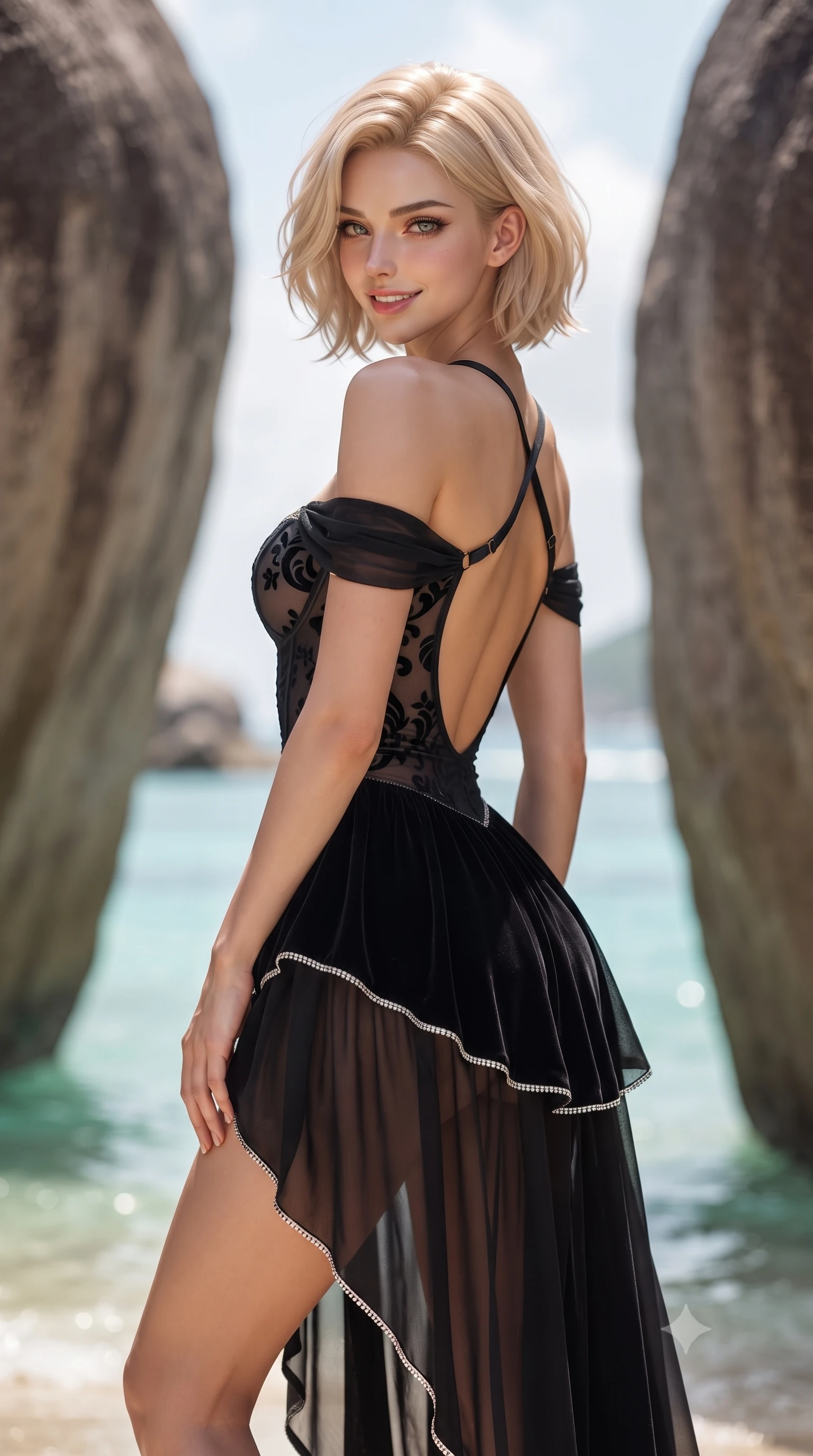 score_9, masterpiece, best quality, ultra-detailed, high-budget anime keyframe, editorial fashion photography, tasteful artistic composition, Caucasian woman. close-up cowboy shot from the waist and thighs up, the character dominates the composition, filling the frame with her large presence. turning over a bare shoulder with an intoxicating, teasing smile, her soft hair framing her sharp jawline as her hips angle gracefully while standing poised between two prehistoric granite boulders, turning in an alluring dancer S-curve as tropical trade winds flutter her sheer sarong. The composition keeps background elements in soft focus with creamy bokeh. towering sculpted granite boulders and shallow turquoise lagoon waters blurred into glowing aquamarine, coral, and golden bokeh. She has an exceptionally elegant, slender, and willowy female figure with an ultra-slim waist, flat toned midriff, narrow ribcage, and sculpted feminine hips creating an alluring, slim hourglass silhouette without bulk. sharp v-shaped jawline, high-bridge nose, intricate jewel-like eyes with depth, thick eyelashes, glossy parted lips with a natural sheen, intensely captivating and seductive bedroom-eyes expression, flawlessly proportioned anatomical accuracy, strict slender model proportions, natural body alignment, perfectly sculpted long slender limbs, ultra-slim waistline, clean dynamic posture without body distortion. wearing an off-shoulder French court corset bodice dress paired with a tiered translucent chiffon slit skirt in pitch-black velvet with diamond crystal trim, made of sheer contouring power-mesh with velvet flocking patterns, finished with criss-cross back satin straps highlighting her graceful shoulder blades, the dramatically scooped open back descending to the base of her spine, accentuating her razor-sharp statuesque lines and slim hourglass silhouette. illuminated by warm specular sand reflections sharply carving her razor-sharp jawline, narrow waist, and curvy hips. ultra-reflective glossy finish, specular highlights, rich textural contrasts, high-contrast stereoscopic depth, volumetric dynamic lighting, 2k, ultra detail, master piece, 9:16 ratio