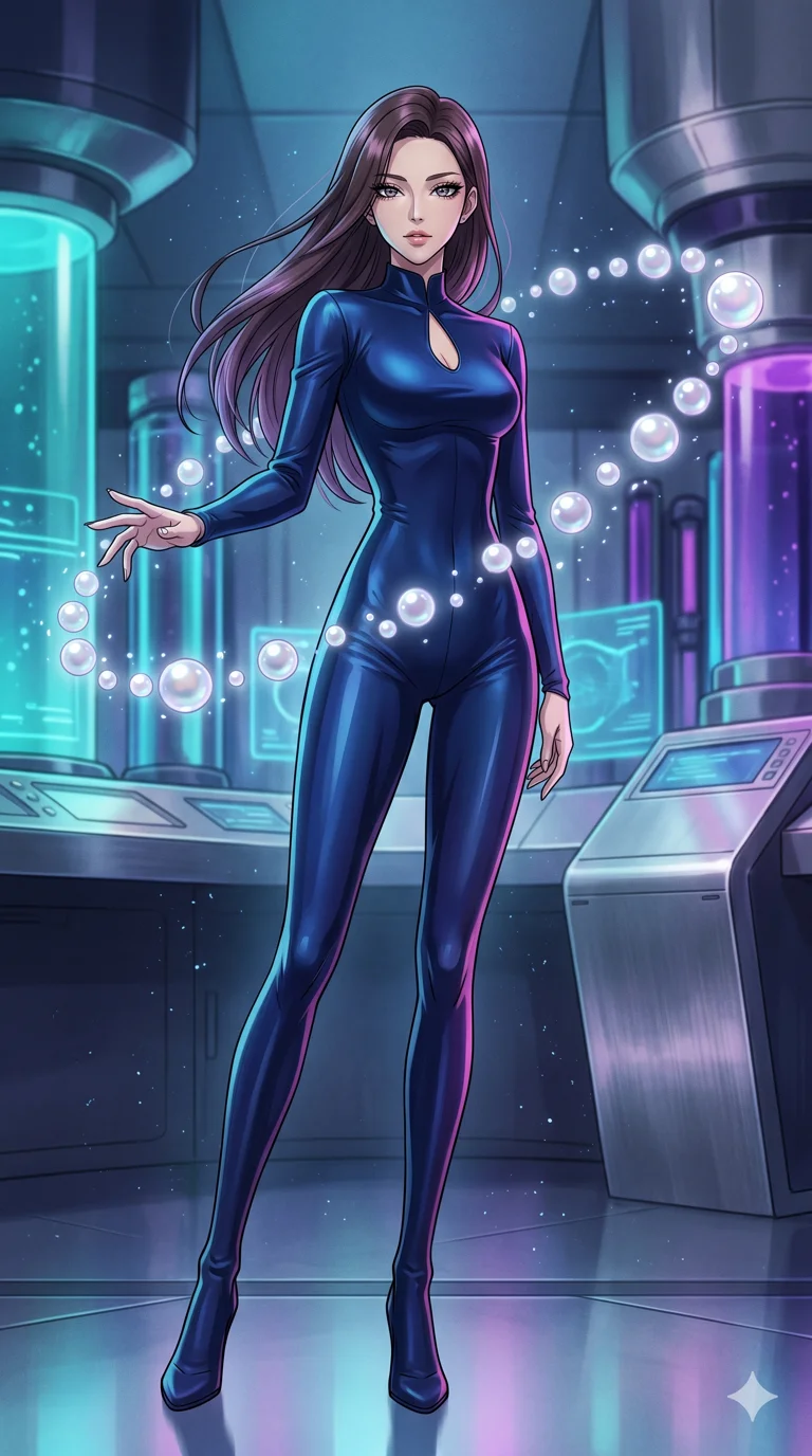 score_9, masterpiece, best quality, ultra-detailed, High-budget Anime Keyframe, vibrant colors, fluid line-art, expressive lighting, cinematic composition, Ufotable-style visual effects, top-tier animation quality, Korean woman with idol-like refined features. Medium shot from the thighs up, her commanding presence occupying two-thirds of the frame. Summoning a cascade of liquid pearls that orbit her like tiny, glowing planets. She has an absolutely perfect 8-heads proportion, an exceptionally tall and slender female figure with impossibly long slender legs and an ultra-slim waist, her statuesque height and towering silhouette dominating the vertical 9:16 frame. Her face is a masterpiece featuring a sharp v-shaped jawline, high-bridge nose, intricate jewel-like eyes with depth, thick eyelashes, and glossy lips with a natural sheen. She is wearing a Sleek liquid-silk jumpsuit that clings to her frame, with a high collar and a small strategic teardrop cutout. The scene is set in a futuristic vibration lab filled with glowing resonators and liquid displays. 2k, ultra detail, master piece, 9:16 ratio