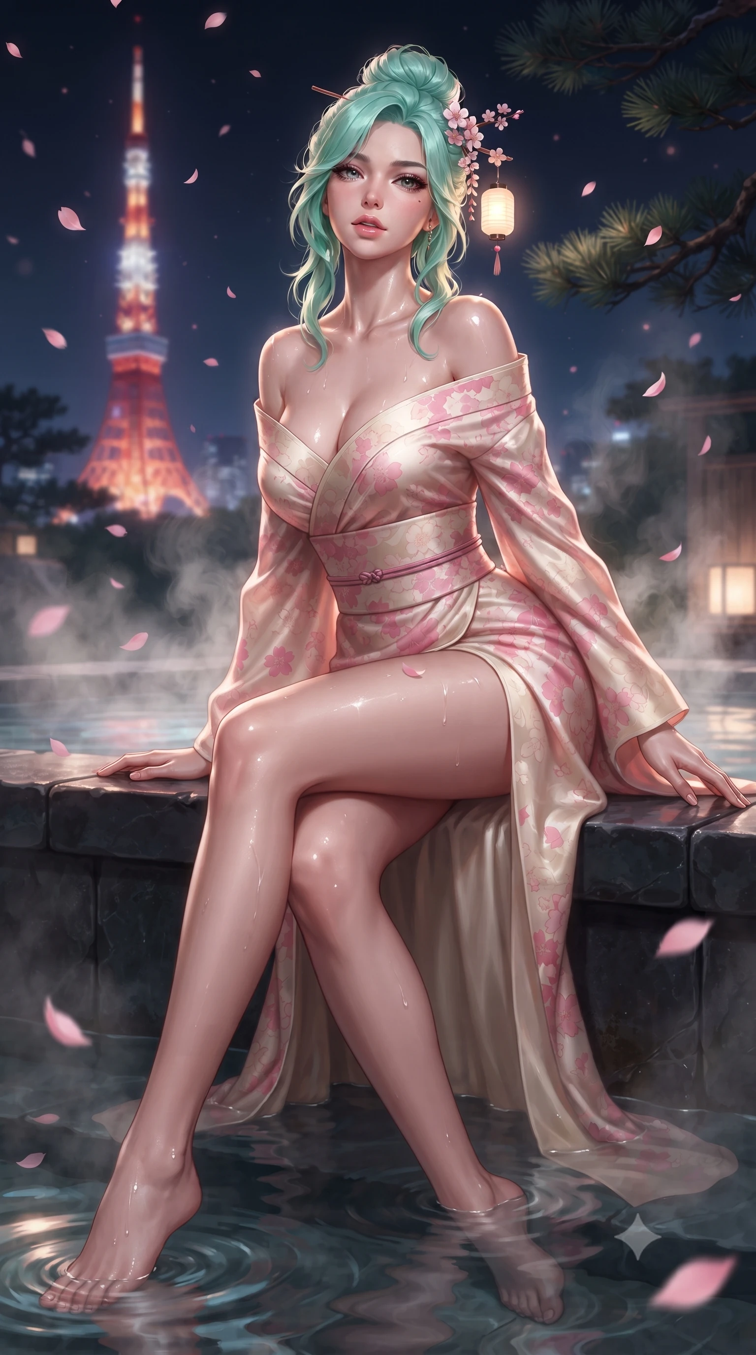 score_9, masterpiece, best quality, ultra-detailed, high-budget anime keyframe, editorial fashion photography, tasteful artistic composition, Japanese woman. low angle full-body shot from head to toe showing her feet, filling the entire 9:16 vertical frame with her statuesque presence, stretching her vertical silhouette. sitting perched on the elevated ledge with hips angled toward the camera and legs crossed, displaying her toned midriff and flawlessly sculpted slender limbs while wading through the thermal mineral pool beneath falling pink sakura petals, arching her spine in pure pleasure as steam curls around her waist. The composition keeps background elements in soft focus with creamy bokeh. distant Tokyo Tower neon lights and dark pine branches softened in dreamy nocturnal shallow focus. She has an absolutely perfect, statuesque 8.5-heads proportion, an exceptionally tall and slender model-like female figure with impossibly long slender legs, a toned flat midriff, an ultra-slim waist, and beautifully sculpted feminine hips. sharp v-shaped jawline, high-bridge nose, intricate jewel-like eyes with depth, thick eyelashes, glossy parted lips with a natural sheen, intensely captivating and seductive bedroom-eyes expression, flawlessly proportioned anatomical accuracy, strict slender model proportions, natural body alignment, perfectly sculpted long slender limbs, ultra-slim waistline, clean dynamic posture without body distortion. wearing a backless off-shoulder silk kimono gown with fluttering drapes and an ultra-high side slit in sakura blossom pink and warm ivory, crafted from traditional Korean gossamer silk organza with pearlescent luster, accented with delicate cherry blossom hairpins and glowing paper lantern charms, the liquid-tight tailored fabric clinging flawlessly to her narrow waist and rounded feminine hips, emphasizing every millimeter of her sculpted hourglass curves during movement. illuminated by wet specular reflections accentuating her sculpted collarbones, narrow waist, and curvy hips. ultra-reflective glossy finish, specular highlights, rich textural contrasts, high-contrast stereoscopic depth, volumetric dynamic lighting, 2k, ultra detail, master piece, 9:16 ratio