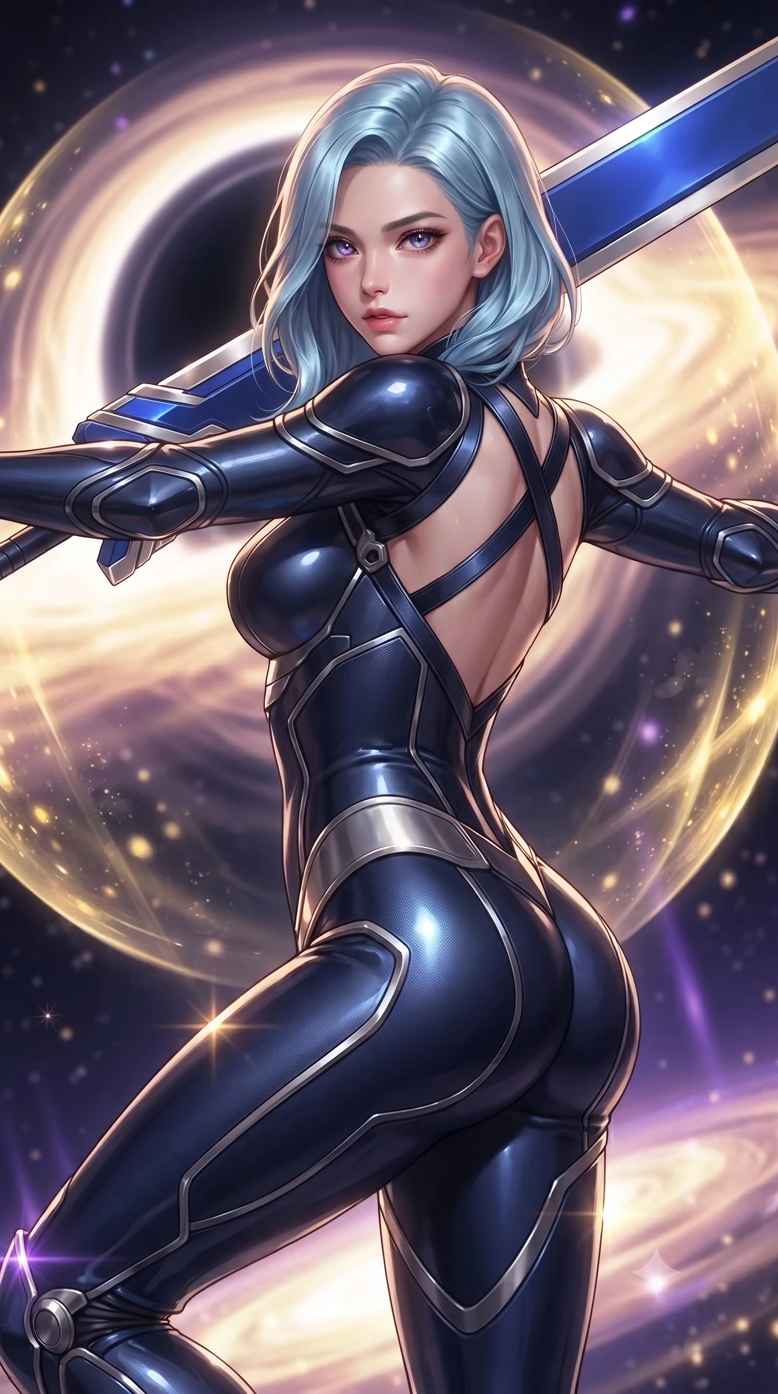score_9, masterpiece, best quality, ultra-detailed, high-budget anime keyframe, editorial fashion photography, tasteful artistic composition, Korean woman. close-up cowboy shot from the waist and thighs up, the character dominates the composition, filling the frame with her large presence. gazing forward with divine sovereign poise, captivating jewel-like eyes shining with transcendent focus while holding her weapon with effortless mastery while pivoting dynamically in zero-gravity with arms outstretched as the translucent energy shields pulse with golden particle light. The composition keeps background elements in soft focus with creamy bokeh. swirling black hole singularity core and glowing accretion disk blurred into dazzling gold, violet, and pitch-black bokeh. She has an exceptionally elegant, slender, and willowy female figure with an ultra-slim waist, a gracefully sculpted slender torso, toned flat midriff, and a refined slim silhouette. sharp v-shaped jawline, high-bridge nose, intricate jewel-like eyes with depth, thick eyelashes, glossy lips with a natural sheen, flawlessly proportioned anatomical accuracy, strict slender model proportions, natural body alignment, perfectly sculpted long slender limbs, ultra-slim waistline, clean dynamic posture without body distortion. wearing a statuesque midnight cobalt carbon-fiber armor-suit with platinum trim and an ultra-slim waistline, resting a massive sleek high-frequency anti-material greatsword across her shoulder in electric cobalt blue carbon with polished platinum trim, made of liquid carbon-jersey fabric adhering flawlessly to her sculpted silhouette, complemented by criss-cross back harness straps highlighting her completely bare spine, the glove-like aerodynamic second-skin fit tightly clinging to her ultra-slender waist and athletic curves without adding bulk, accentuating her razor-sharp statuesque lines and slim hourglass silhouette. bathed in radiant golden singularity accretion glow and saturated violet gravitational field uplights. ultra-reflective glossy finish, specular highlights, dark metallic sheen, high-contrast stereoscopic depth, volumetric dynamic lighting, 2k, ultra detail, master piece, 9:16 ratio
