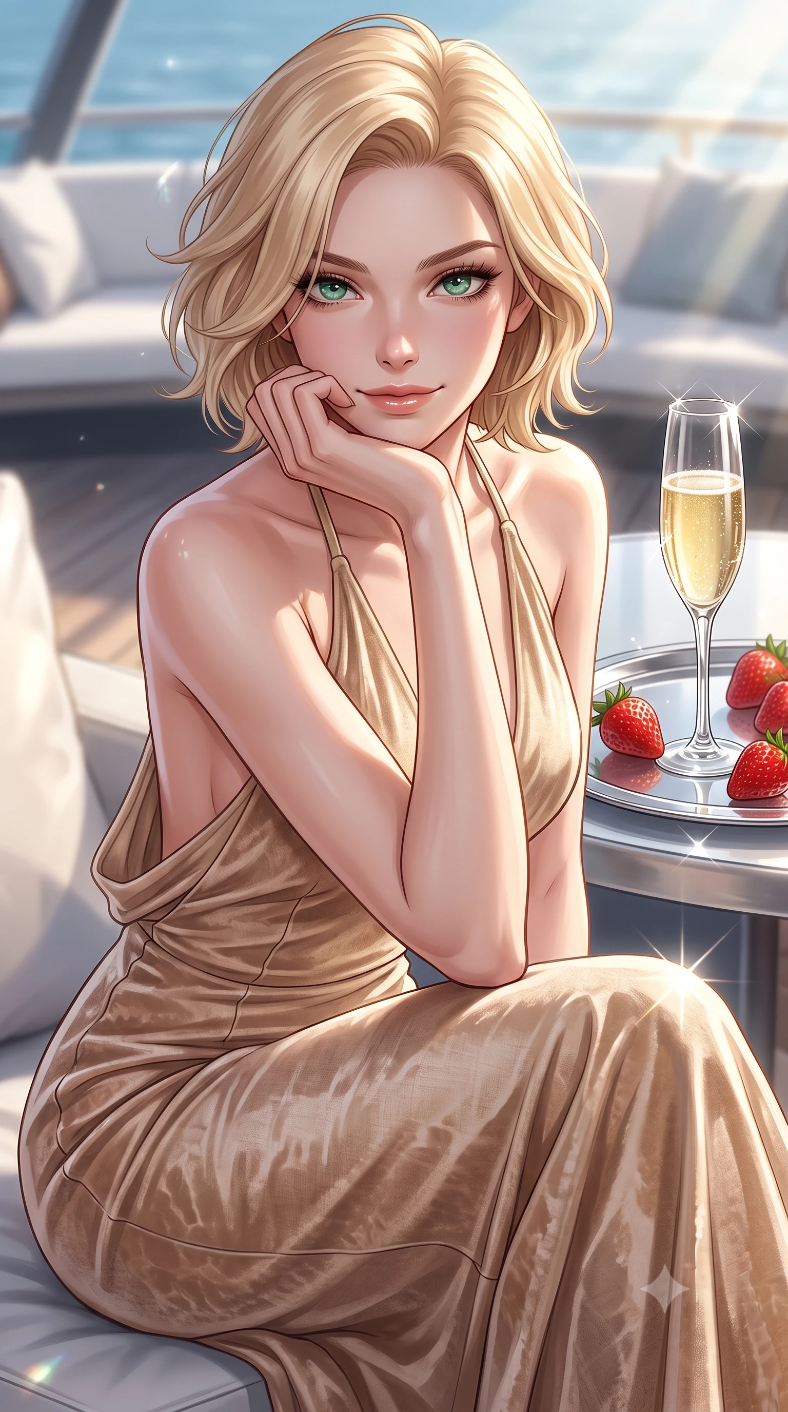 score_9, masterpiece, best quality, ultra-detailed, high-budget anime keyframe, editorial fashion photography, tasteful artistic composition, Caucasian woman. close-up cowboy shot from the waist and thighs up, the character dominates the composition, filling the frame with her large presence, background elements kept in soft focus. flashing a sweet yet tantalizing grin, resting her chin on the back of her hand with intense eye contact set against a soft-focus background of inside an exclusive solarium deck with a crystal glass of sparkling champagne and fresh strawberries on a silver tray. She has an exceptionally elegant, slender, and willowy female figure with an ultra-slim waist, a gracefully sculpted slender torso, and a refined silhouette. sharp v-shaped jawline, high-bridge nose, intricate jewel-like eyes with depth, thick eyelashes, glossy lips with a natural sheen. wearing tailored warm beige crushed velvet backless linen halter dress featuring delicate straps and a draped open-back design featuring refined tailored seams. lit by crisp morning sun rays creating sparkling glints on polished glass and water. highly saturated vibrant anime colors, detailed shading with soft gradients, rich glossy textures, high-contrast stereoscopic depth, volumetric dynamic lighting, master piece, 9:16 ratio