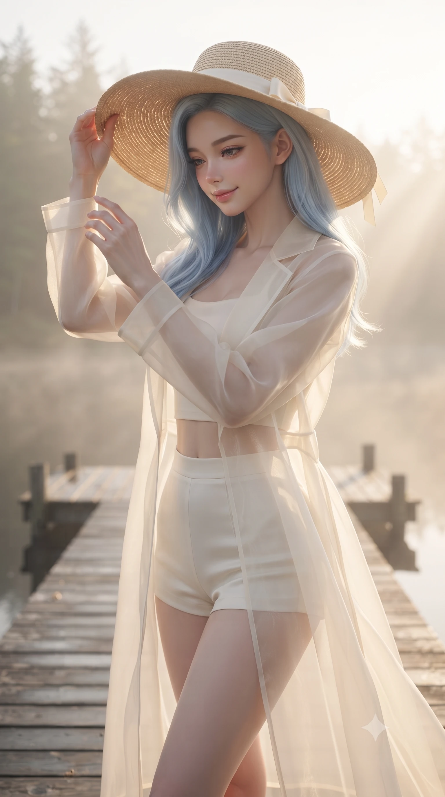 score_9, masterpiece, best quality, ultra-detailed, high-budget anime keyframe, editorial fashion photography, tasteful artistic composition, Korean woman woman. close-up cowboy shot from the waist and thighs up, the character dominates the composition, filling the frame with her large presence, background elements kept in soft focus. holding a wide-brimmed straw hat with both hands against the breeze, looking down with a soft smile the background shows a soft-focus a wooden dock on a calm forest lake shrouded in soft morning mist. She has an exceptionally elegant, slender, and willowy female figure with an ultra-slim waist, a gracefully sculpted slender torso, and a refined silhouette. sharp v-shaped jawline, high-bridge nose, intricate jewel-like eyes with depth, thick eyelashes, glossy lips with a natural sheen. wearing a slim-fit sheer organza long coat in ivory, worn over a crop top and micro-shorts. soft morning sunrays breaking through the lake fog, creating a dreamy glow. ultra-reflective glossy finish, specular highlights, metallic sheen, high-contrast stereoscopic depth, volumetric dynamic lighting, 2k, ultra detail, master piece, 9:16 ratio