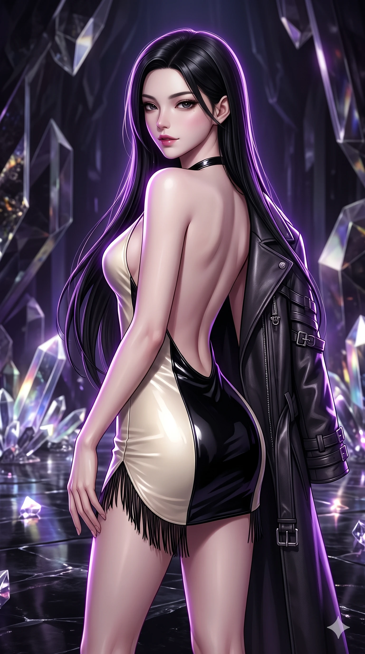 score_9, masterpiece, best quality, ultra-detailed, high-budget anime keyframe, semi-realistic 3D game render, editorial fashion photography, tasteful artistic composition, Korean woman. close-up cowboy shot from the waist and thighs up, the character dominates the composition, filling the frame with her large presence. posing in an alluring rear three-quarter angle, turning over a bare shoulder with an intoxicating, smoldering gaze while standing tall on the reflective mineral floor, stretching her statuesque body with effortless sovereign poise as crystal reflections shimmer. The surrounding environment is rendered in vivid detail and crisp panoramic clarity: detailed structured dark leather coat drape, titanium buckle clasps, and geometric mineral formations in razor-sharp precision. She has an exceptionally elegant, slender, and willowy female figure with an ultra-slim waist, flat toned midriff, narrow ribcage, and sculpted feminine hips creating an alluring, slim hourglass silhouette without bulk. sharp v-shaped jawline, high-bridge nose, intricate jewel-like dark sparkling eyes with hypnotic seductive depth, thick curled eyelashes, glossy parted lips with a natural wine sheen, alluring bedroom-eyes with an enigmatic smoldering smile, exuding magnetic sovereign charisma and dark avant-garde glamour, flawlessly proportioned anatomical accuracy, strict slender model proportions, natural body alignment, perfectly sculpted long slender limbs, ultra-slim waistline, clean dynamic posture without body distortion. wearing a backless liquid vinyl mini slip dress with bare shoulder neckline in celestial champagne ivory and high-gloss jet black, made of supple butter-soft lambskin leather with a subtle satin sheen, finished with delicate jet-black micro-fringe fluttering softly along her hips with each step, the liquid-tight tailored fabric clinging flawlessly to her narrow waist and rounded feminine hips, emphasizing every millimeter of her sculpted slim hourglass curves without any bulky heaviness. illuminated by crystalline floor bounce and sharp amethyst-violet rim lights defining her razor-sharp jawline, narrow waist, and curvy hips. highly saturated vibrant anime colors, detailed shading with soft gradients, rich glossy textures, high-contrast stereoscopic depth, volumetric dynamic lighting, master piece, 9:16 ratio
