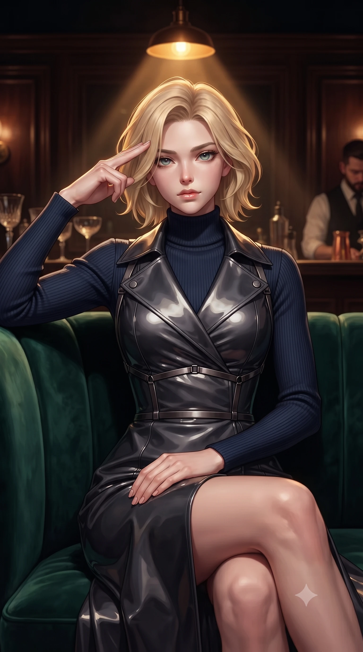 score_9, masterpiece, best quality, ultra-detailed, high-budget anime keyframe, editorial fashion photography, tasteful artistic composition, Caucasian woman. close-up cowboy shot from the waist and thighs up, the character dominates the composition, filling the frame with her large presence, background elements kept in soft focus. Pressing two fingers to her temple in a composed, sharp thoughtful gesture, seated composedly in a private VIP speakeasy booth lined with dark emerald velvet, low amber pendant spotlight casting intense key rays on her chest and shoulders. She has an exceptionally elegant, slender, and willowy female figure with an ultra-slim waist, a gracefully sculpted slender torso, and a refined silhouette. sharp v-shaped jawline, high-bridge nose, intricate jewel-like eyes with depth, thick eyelashes, glossy lips with a natural sheen. wearing structured charcoal trench dress over sleek turtleneck in midnight navy blue, made of high-gloss liquid vinyl, highlighted by a gunmetal metallic harness structure, sculpting her athletic slender build with refined precision. lit by low-key golden rays highlighting her refined silhouette. highly saturated vibrant anime colors, detailed shading with soft gradients, rich glossy textures, high-contrast stereoscopic depth, volumetric dynamic lighting, master piece, 9:16 ratio