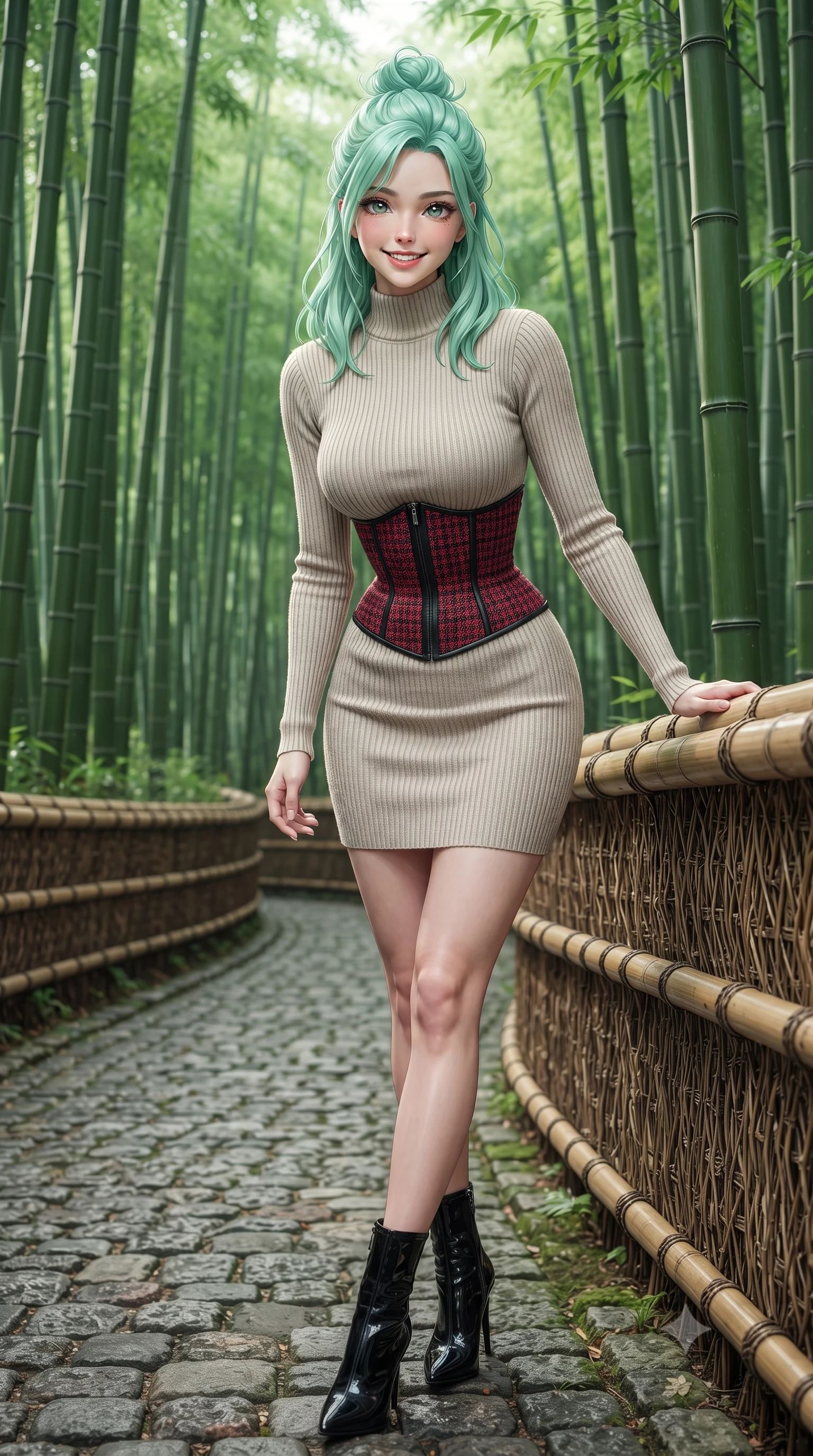 score_9, masterpiece, best quality, ultra-detailed, high-budget anime keyframe, editorial fashion photography, tasteful artistic composition, Japanese woman. close-up cowboy shot from the waist and thighs up, the character dominates the composition, filling the frame with her large presence. resting both elbows on the balustrade while leaning forward gracefully, her smile sparkling with youthful cute charm and seductive allure while walking slowly beneath the towering bamboo canopy, listening to the gentle rustling leaves with peaceful aristocratic grace. The surrounding environment is rendered in vivid detail and crisp panoramic clarity: sharp vertical ridges on bamboo stalks, textured cobblestones on forest path, and woven bamboo railing cordage in deep focus. She has an exceptionally elegant, slender, and willowy female figure with an ultra-slim waist, flat toned midriff, narrow ribcage, and sculpted feminine hips creating an alluring, slim hourglass silhouette without bulk. sharp v-shaped jawline, high-bridge nose, intricate jewel-like sparkling eyes with depth, thick eyelashes, glossy parted lips with a natural peach sheen, bright cheerful beaming smile with an enchanting and coquettish sensual glint, exuding both youthful cute charm and seductive allure, flawlessly proportioned anatomical accuracy, strict slender model proportions, natural body alignment, perfectly sculpted long slender limbs, ultra-slim waistline, clean dynamic posture without body distortion. wearing a form-contouring ribbed cashmere mock-neck knit bodycon dress clinging like a second skin, paired with a tailored tweed waist cincher in Kyoto autumn maple crimson and deep ink black, woven from fine elastic rib-knit fabric tracing every millimeter of her slender torso, complemented by sleek patent leather stiletto ankle boots accentuating her long slender calves, the snug waist-cinching tailoring accentuating her ultra-slim waistline and the enchanting curve of her feminine hips with alluring seductive charm. illuminated by soft green foliage bounce and crisp jade-gold rim lights sculpting her razor-sharp jawline and tall willowy frame. ultra-reflective glossy finish, specular highlights, rich textural contrasts, high-contrast stereoscopic depth, volumetric dynamic lighting, 2k, ultra detail, master piece, 9:16 ratio