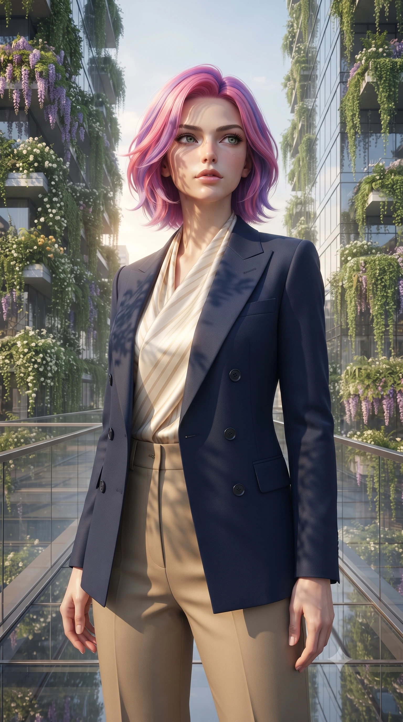 score_9, masterpiece, best quality, ultra-detailed, high-budget anime keyframe, editorial fashion photography, tasteful artistic composition, Caucasian woman, strictly human ears. close-up cowboy shot from the waist and thighs up, the character dominates the composition, filling the frame with her large presence, background elements kept in soft focus. Gazing past the camera with an air of effortless superiority. set against a soft-focus background of an elevated glass walkway between two mirror-clad skyscrapers completely covered in cascading vertical gardens with flowering wisteria jasmine and trailing ivy framing the sky corridor. She has an exceptionally elegant and slender, willowy female figure with an ultra-slim waist, a gracefully sculpted slender torso, and a refined slim physique. sharp v-shaped jawline, high-bridge nose, intricate jewel-like eyes with depth, thick eyelashes, glossy lips with a natural sheen. wearing a tailored navy double-breasted blazer over a cream striped silk scarf top and high-waisted khaki slacks. warm golden afternoon sunbeams casting soft organic leaf shadows across her skin. 2k, ultra detail, master piece, 9:16 ratio