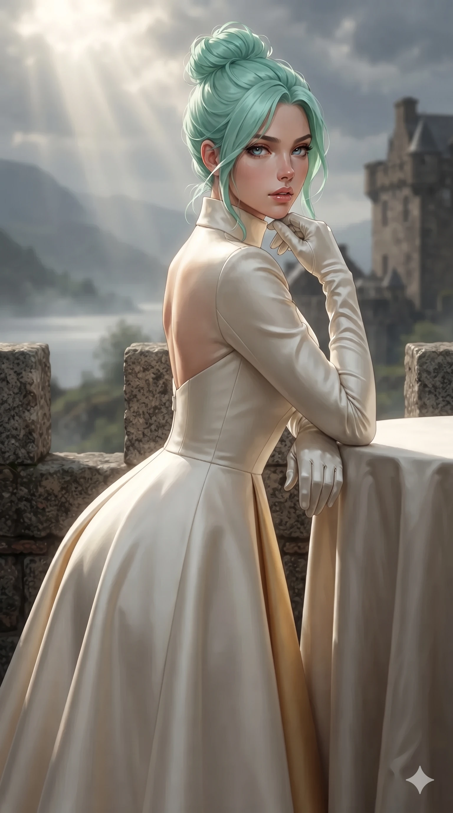 score_9, masterpiece, best quality, ultra-detailed, high-budget anime keyframe, editorial fashion photography, tasteful artistic composition, Japanese woman. close-up cowboy shot from the waist and thighs up, the character dominates the composition, filling the frame with her large presence. resting one elbow on the table and supporting her chin, leaning close to the camera with heavy-lidded sparkling eyes and parted lips while leaning against the granite castle battlements with hips cocked back, looking over her bare shoulder with fierce, seductive bedroom-eyes. The composition keeps background elements in soft focus with creamy bokeh: bracing mountain loch mist softened in Scottish Highland castle rampart shallow focus. She has an exceptionally elegant, slender, and willowy female figure with an ultra-slim waist, flat toned midriff, narrow ribcage, and sculpted feminine hips creating an alluring, slim hourglass silhouette without bulk. sharp v-shaped jawline, high-bridge nose, intricate jewel-like eyes with depth, thick eyelashes, glossy parted lips with a natural sheen, intensely captivating and seductive bedroom-eyes expression, flawlessly proportioned anatomical accuracy, strict slender model proportions, natural body alignment, perfectly sculpted long slender limbs, ultra-slim waistline, clean dynamic posture without body distortion. wearing a high-neck long-sleeve evening gown in structured silk mikado with a regal floor-sweeping A-line skirt in pure alabaster white and sun-kissed gold, crafted from bespoke double-faced cashmere with an exceptionally soft tactile finish, accessorized with opera-length satin gloves and a vintage crystal glass, the impeccably tailored cut draping gracefully along her slender figure with aristocratic poise. dramatic golden sunbeam shafts piercing storm clouds and casting high-contrast specular rim lights across her silhouette. ultra-reflective glossy finish, specular highlights, rich textural contrasts, high-contrast stereoscopic depth, volumetric dynamic lighting, 2k, ultra detail, master piece, 9:16 ratio