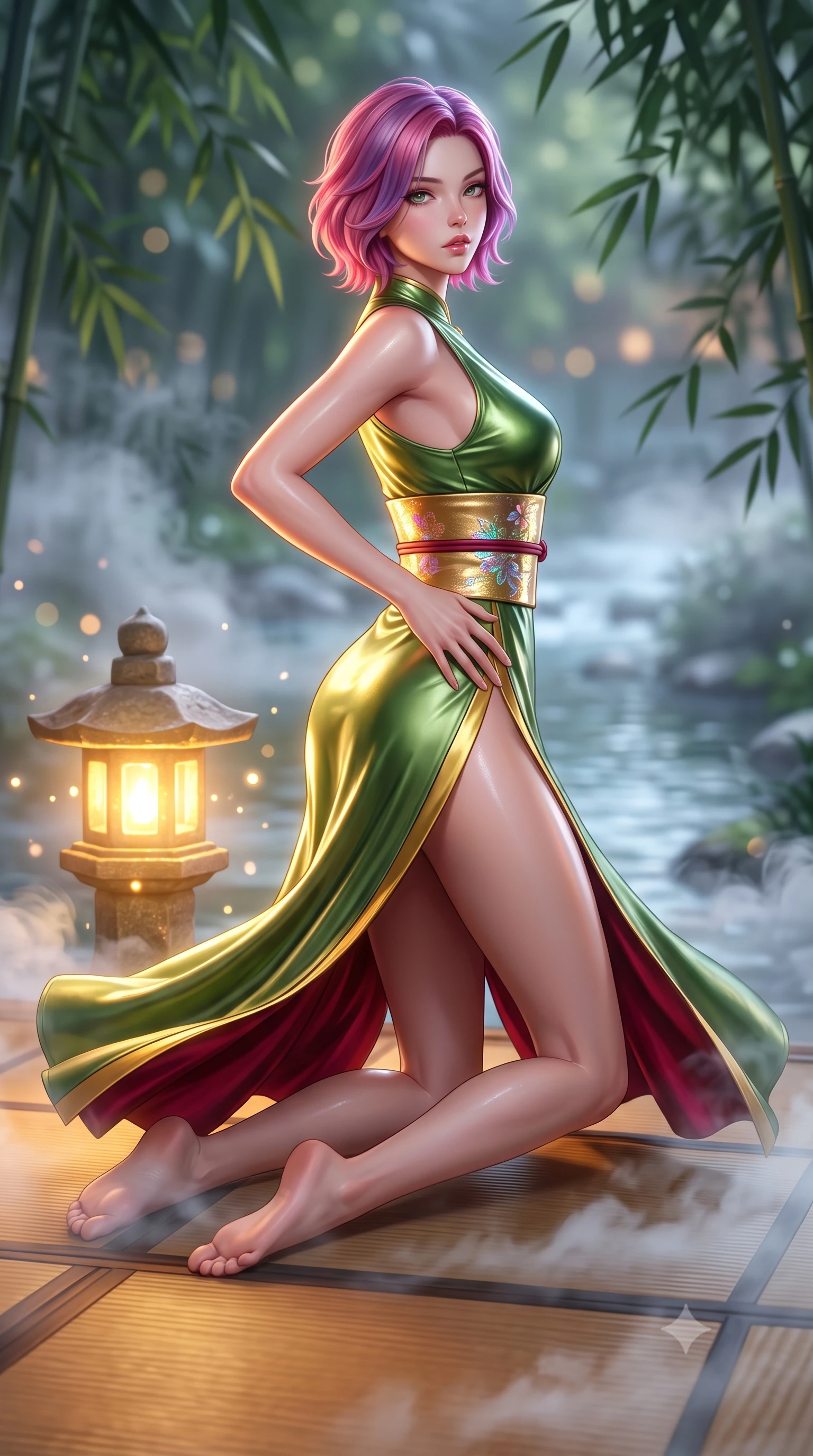 score_9, masterpiece, best quality, ultra-detailed, high-budget anime keyframe, semi-realistic 3D game render, editorial fashion photography, tasteful artistic composition, Caucasian woman. low angle full-body shot from head to toe showing her feet, filling the entire 9:16 vertical frame with her statuesque presence, stretching her vertical silhouette. executing an elegant mid-motion pivot turn as garments swirl around her slender limbs, glancing over her shoulder with an intoxicating bedroom-gaze while kneeling gracefully on the warm tatami deck beside a glowing stone lantern, one hand resting on her bare hip as cool river mist curls around her. The composition keeps background elements in soft focus with creamy bokeh. drifting bamboo leaves and glowing lantern light rays scattering soft luminous light motes. She has an absolutely perfect, statuesque 8.5-heads proportion, an exceptionally tall and slender model-like female figure with impossibly long slender legs, a toned flat midriff, an ultra-slim waist, and beautifully sculpted feminine hips. sharp v-shaped jawline, high-bridge nose, intricate jewel-like eyes with depth, thick eyelashes, glossy parted lips with a natural sheen, intensely captivating and seductive bedroom-eyes expression, flawlessly proportioned anatomical accuracy, strict slender model proportions, natural body alignment, perfectly sculpted long slender limbs, ultra-slim waistline, clean dynamic posture without body distortion. wearing a liquid metallic bamboo-green gown with open side slits ascending to the high hip in imperial gold and deep crimson silk, crafted from supple second-skin lambskin leather with specular wet sheen, complemented by a wide metallic gold obi sash with holographic floral embroidery, the second-skin form-contouring cut accentuating her sculpted flat midriff, narrow waistline, and dramatically curvy hips without adding bulk. illuminated by wet specular highlights accentuating her slender neckline, sculpted waist, and rounded hips. highly saturated vibrant anime colors, detailed shading with soft gradients, rich glossy textures, high-contrast stereoscopic depth, volumetric dynamic lighting, master piece, 9:16 ratio