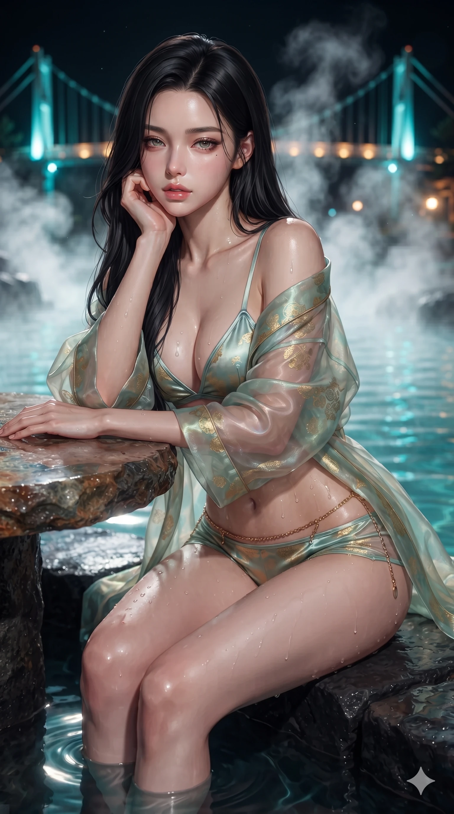 score_9, masterpiece, best quality, ultra-detailed, high-budget anime keyframe, editorial fashion photography, tasteful artistic composition, Korean woman. close-up cowboy shot from the waist and thighs up, the character dominates the composition, filling the frame with her large presence. resting one elbow on the table and supporting her chin, leaning close to the camera with heavy-lidded sparkling eyes and parted lips while sitting on the black basalt rock rim of the steaming geothermal pool, water droplets beading on her flat midriff and curvy hips as steam rises into the night air. The background shows a soft-focus swirling white geothermal steam plumes, glowing turquoise thermal water, and distant illuminated suspension bridges blurred into turquoise, amber, and midnight obsidian bokeh. She has an exceptionally elegant, slender, and willowy female figure with an ultra-slim waist, flat toned midriff, narrow ribcage, and sculpted feminine hips creating an alluring, slim hourglass silhouette without bulk. sharp v-shaped jawline, high-bridge nose, intricate jewel-like sparkling eyes with depth, thick eyelashes, glossy parted lips with a natural sheen, intensely captivating and seductive bedroom-eyes expression, exuding both youthful cute charm and sovereign luxury allure, flawlessly proportioned anatomical accuracy, strict slender model proportions, natural body alignment, perfectly sculpted long slender limbs, ultra-slim waistline, clean dynamic posture without body distortion. wearing a translucent iridescent organza kimono robe slipping off bare shoulders over a matching satin micro-bralette and micro-shorts in celadon jade and antique gold-leaf, made of sheer gossamer chiffon that drapes softly against skin with airy translucence, accented with a delicate gold chain belt resting loosely on her curvy hips, the form-contouring material adhering flawlessly to her sculpted flat midriff and slender torso, emphasizing her long leg lines and perfectly proportioned willowy build. illuminated by water surface ripple reflections and sharp turquoise-amber rim lights carving her sculpted collarbones, ultra-slim waist, and curvy hips. ultra-reflective glossy finish, specular highlights, rich textural contrasts, high-contrast stereoscopic depth, volumetric dynamic lighting, 2k, ultra detail, master piece, 9:16 ratio