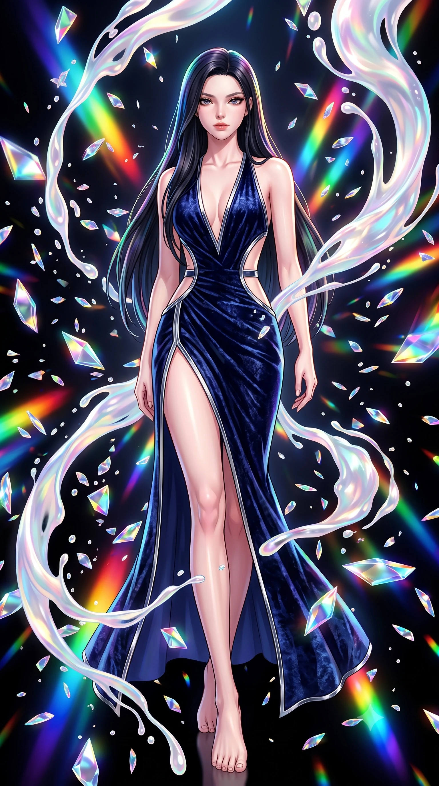 score_9, masterpiece, best quality, ultra-detailed, high-budget anime keyframe, editorial fashion photography, tasteful artistic composition, Korean woman. low angle full-body shot from head to toe showing her feet, filling the entire 9:16 vertical frame with her statuesque presence, stretching her vertical silhouette. stepping forward in a proud dynamic stride, her vertical silhouette filling the frame with statuesque presence while floating dynamically in a high-contrast void surrounded by suspended prismatic mirror petals, viscous opal liquid trails swirling around her silhouette in fluid zero-gravity arcs. She has an absolutely perfect, statuesque 8.5-heads proportion, an exceptionally tall and slender model-like female figure with impossibly long slender legs and an ultra-slim waist. sharp v-shaped jawline, high-bridge nose, intricate jewel-like eyes with depth, thick eyelashes, glossy lips with a natural sheen, flawlessly proportioned anatomical accuracy, natural body alignment, perfectly sculpted elegant limbs, clean dynamic posture without body distortion. wearing a backless crushed velvet gown with a deep V-neckline and high thigh slit in midnight navy blue and chrome trim, formed from sleek second-skin neoprene, featuring clean architectural cutouts along her slender torso, the glove-like fit emphasizing her statuesque silhouette during motion. bathed in brilliant multi-color rainbow light refracting through floating glass prisms. highly saturated vibrant anime colors, detailed shading with soft gradients, rich glossy textures, high-contrast stereoscopic depth, volumetric dynamic lighting, master piece, 9:16 ratio