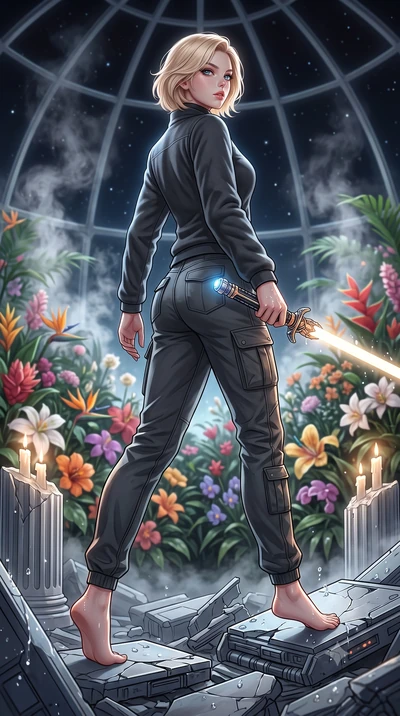 score_9, masterpiece, best quality, ultra-detailed, high-budget anime keyframe, editorial fashion photography, tasteful artistic composition, Caucasian woman. low angle full-body shot from head to toe showing her feet, filling the entire 9:16 vertica