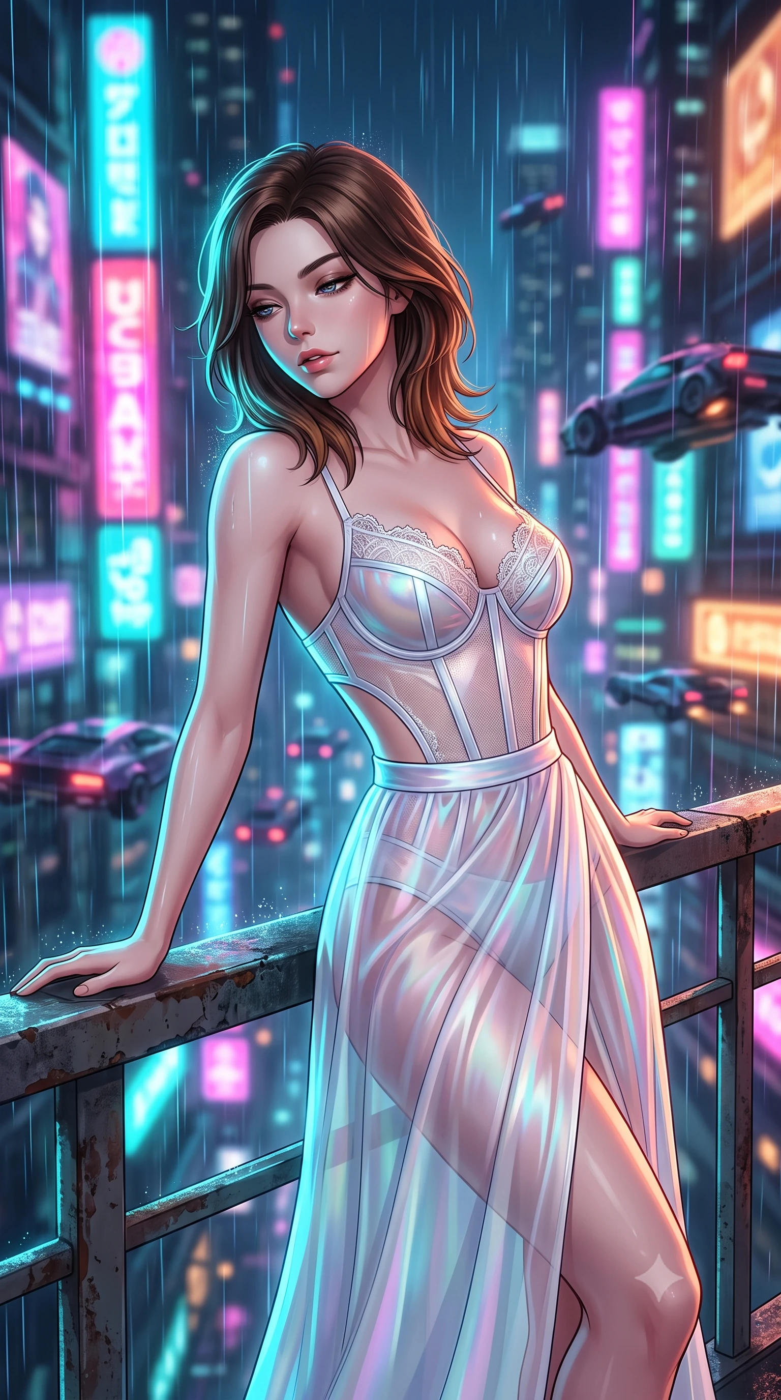 score_9, masterpiece, best quality, ultra-detailed, high-budget anime keyframe, semi-realistic 3D game render, editorial fashion photography, tasteful artistic composition, Korean woman. close-up cowboy shot from the waist and thighs up, the character dominates the composition, filling the frame with her large presence. leaning back against the balustrade with relaxed seductive grace, head tilted back slightly while casting a hypnotic, heavy-lidded gaze while leaning against the weathered industrial parapet with hips cocked back, gazing down into the dizzying mile-deep neon canyon through laser rain with smoldering bedroom-eyes. The background shows a soft-focus towering vertical holographic neon billboards, dripping rain curtains, and swarms of hovering tactical aerocars blurred into fuchsia, turquoise, and amber bokeh. She has an exceptionally elegant, slender, and willowy female figure with an ultra-slim waist, flat toned midriff, narrow ribcage, and sculpted feminine hips creating an alluring, slim hourglass silhouette without bulk. sharp v-shaped jawline, high-bridge nose, intricate jewel-like sparkling eyes with depth, thick eyelashes, glossy parted lips with a natural peach sheen, bright cheerful beaming smile with an enchanting and coquettish sensual glint, exuding both youthful cute charm and seductive allure, flawlessly proportioned anatomical accuracy, strict slender model proportions, natural body alignment, perfectly sculpted long slender limbs, ultra-slim waistline, clean dynamic posture without body distortion. wearing a provocative translucent mesh corset bodice with boned satin channels paired with a sheer chiffon wrap maxi skirt in holographic prismatic pearl and aerospace white, made of fluid liquid jersey with seamless sculpting hold and smooth contours, finished with scalloped eyelash lace trim framing her sweetheart neckline with intimate elegance, the precision-cut side openings and low-back scoop framing her graceful spine and the sensual sweep of her slim, toned hips. illuminated by wet pavement reflection bounce and sharp laser-cyan rim lights defining her jawline, narrow waist, and curvy hips. highly saturated vibrant anime colors, detailed shading with soft gradients, rich glossy textures, high-contrast stereoscopic depth, volumetric dynamic lighting, master piece, 9:16 ratio